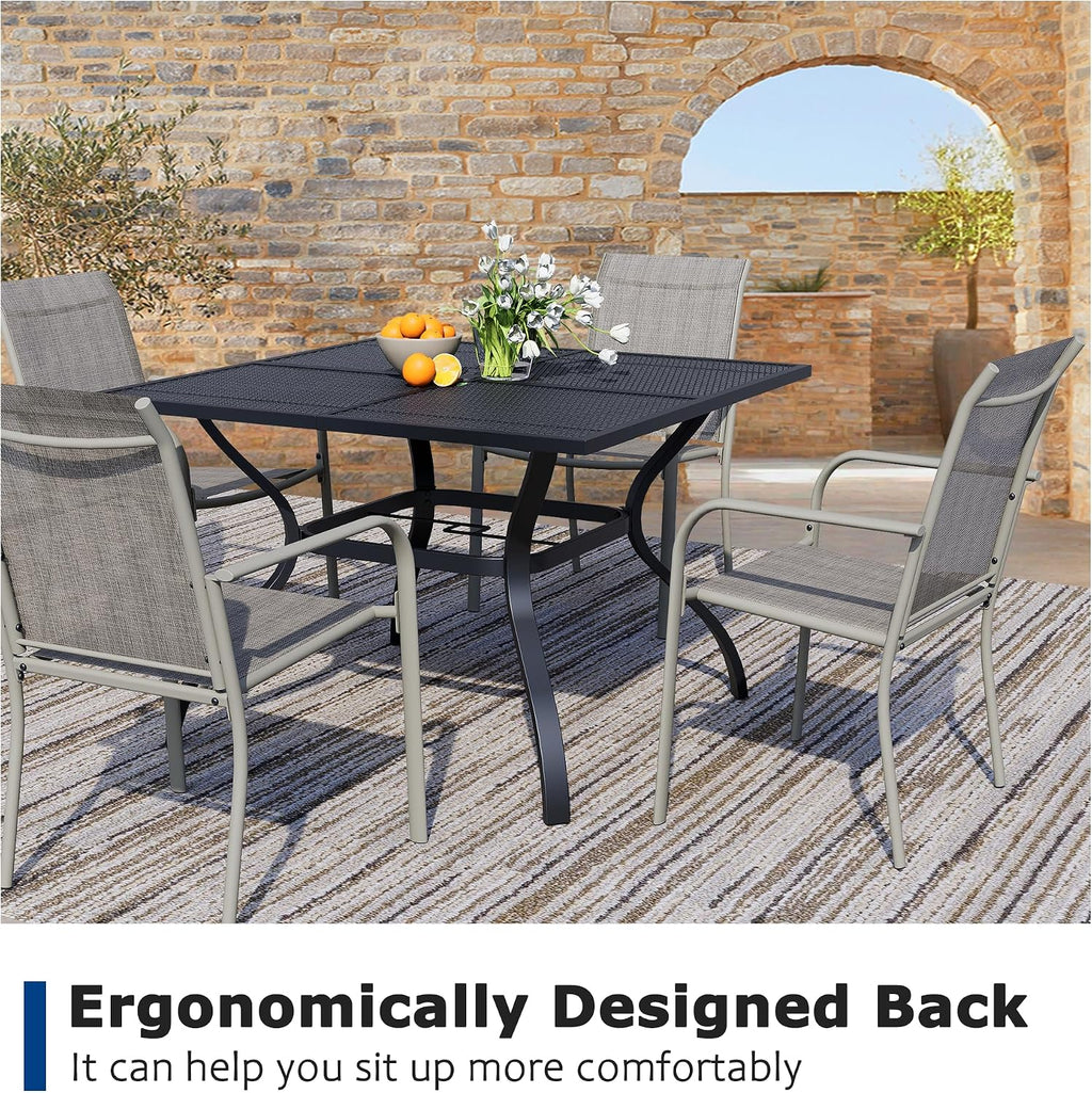 5 Piece Outdoor Dining Set, Patio Table and Chairs Set of 4, 37.5' Black Square Patio Table with 4 Grey Stackable Patio Chairs for Lawn, Garden, Porch
