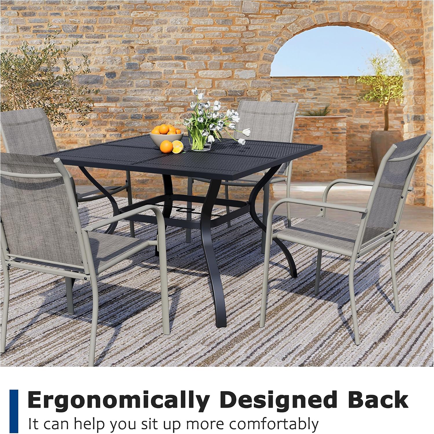 5 Piece Outdoor Dining Set, Patio Table and Chairs Set of 4, 37.5' Black Square Patio Table with 4 Grey Stackable Patio Chairs for Lawn, Garden, Porch