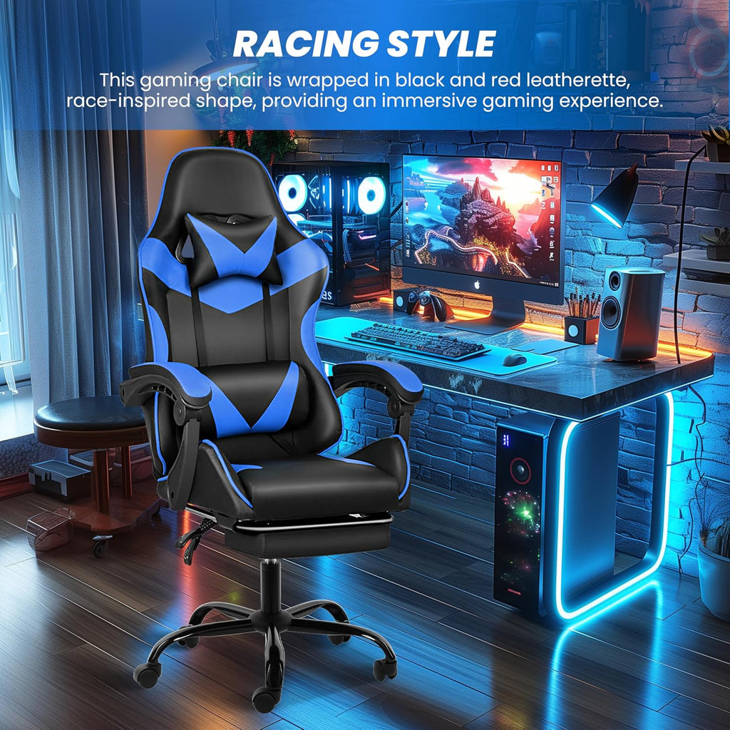 YSSOA Gaming Chair, Computer Chair with Footrest, Height Adjustable & 90°-135° Tilt Function, Swivel Recliner Ergonomic Racing Style Video Game Chair with Lumbar Support (Black/Blue)