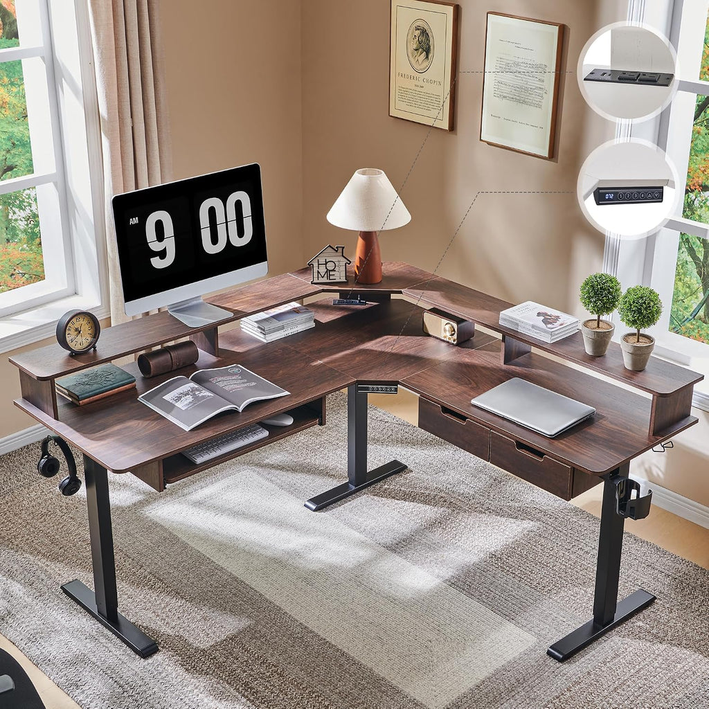 RedLemon 60 Inches L Shaped Electric Standing Desk, Height Adjustable Corner Gaming Desk with Drawers, Keyboard Tray, Power Outlets & LED Lights, Computer Desk with Monitor Shelf, Dark Walnut