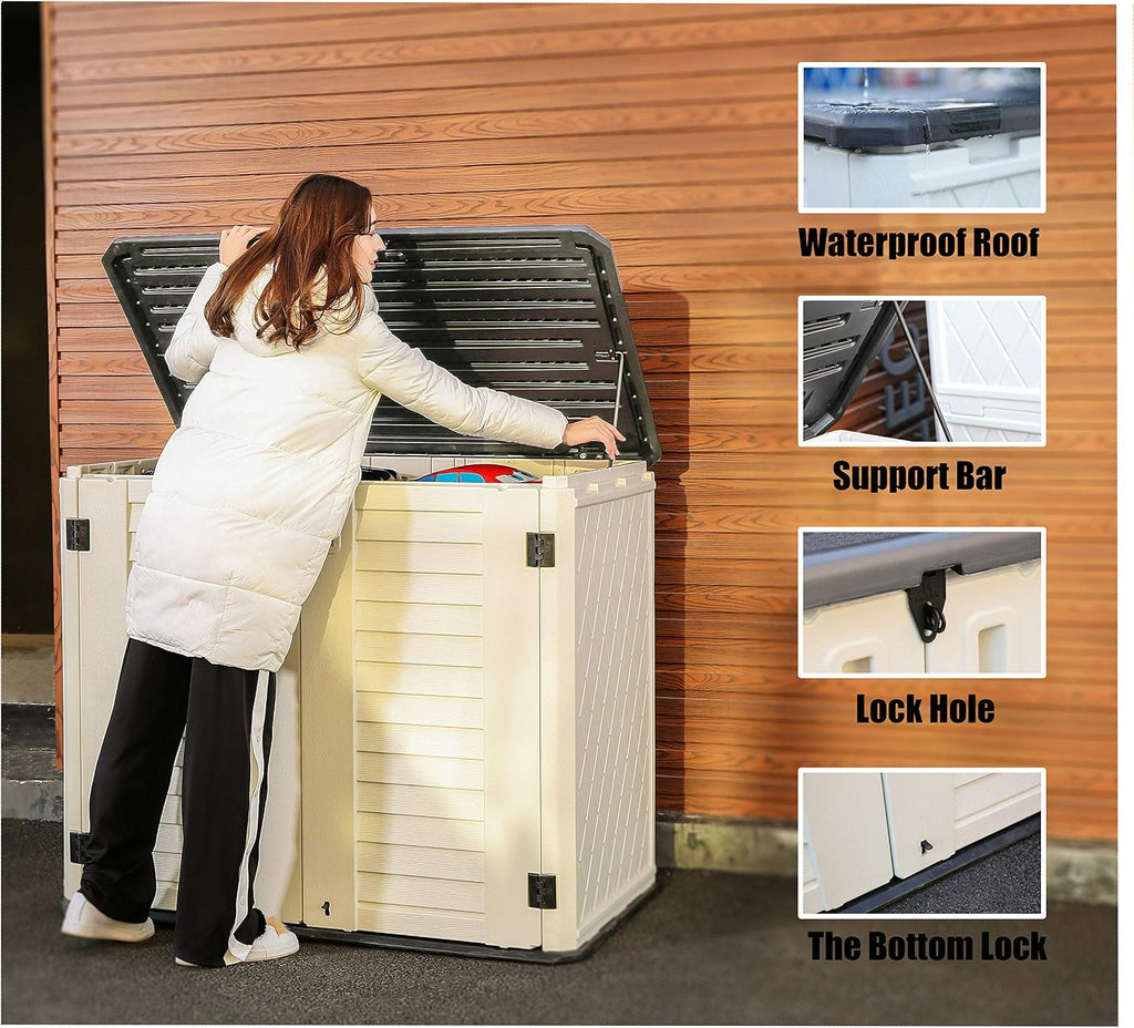 ADDOK Horizontal Storage Shed Weather Resistance, Large Outdoor Storage Cabinet Lockable, Thick HDEP Plastic Storage Unit for Backyards, Patio, Garden(26 Cu.ft/Ivory White)