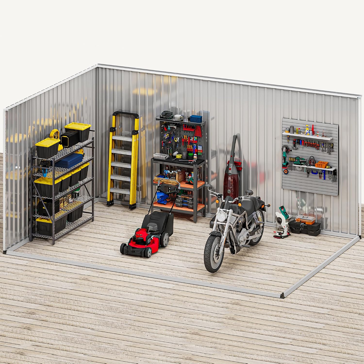 DWVO 12x8ft Large Tool Storage Shed with Window, Lockable Doors, and Sloped Roof, Oversized Steel Outdoor Storage Shed for Garden, Patio, Garage, Backyard, Lawn(Gray + White)