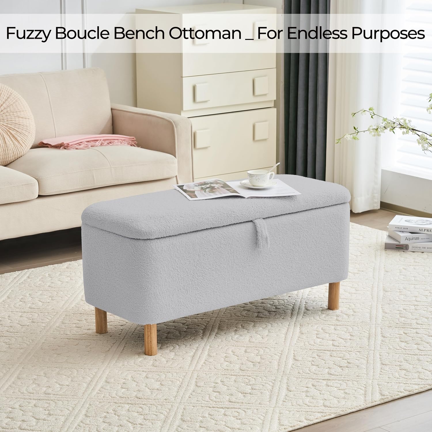 Boucle Storage Ottoman Bench for Bedroom end of Bed, Sherpa Upholstered Shoe Seat Storage Bench for Entryway Bed Foot, Rectangle Cushion Padded Blanket Chest Cute for Living Room, Grey