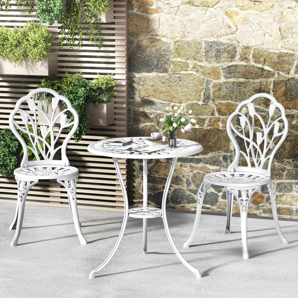 Outdoor Bistro Table and Chairs Set of 2, 3 Piece Patio Bistro Set w/Umbrella Hole, Rust-Resistant Cast Aluminum Bistro Set for Garden/Balcony/Backyard, White