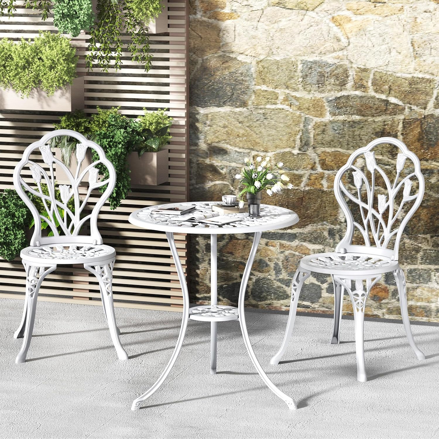 Outdoor Bistro Table and Chairs Set of 2, 3 Piece Patio Bistro Set w/Umbrella Hole, Rust-Resistant Cast Aluminum Bistro Set for Garden/Balcony/Backyard, White