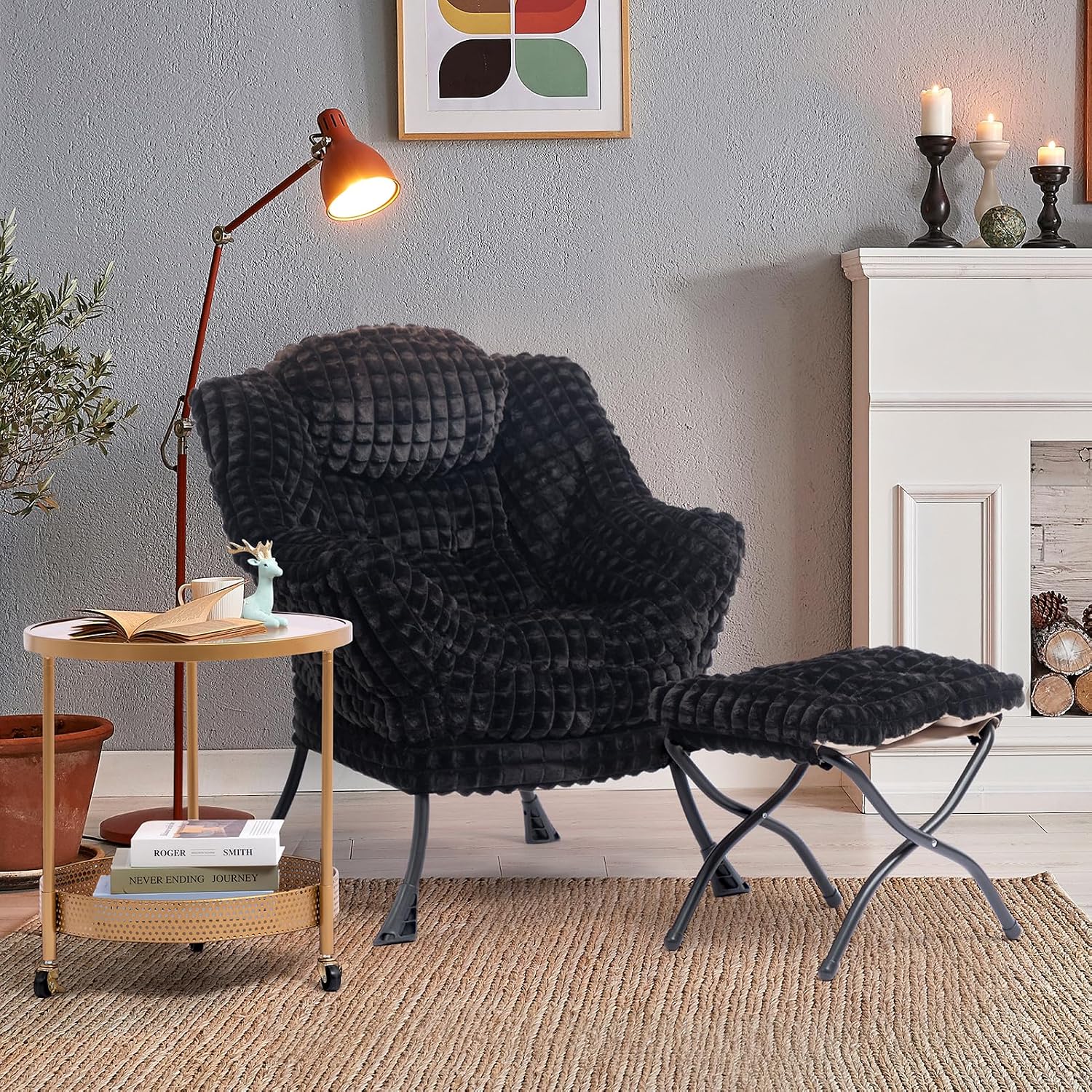 HollyHOME Lazy Chair with Foldable Ottoman, Accent Comfy Lounge Armchair and Folding Footrest Stool, Leisure Sofa Reading Chair and Footstool for Living Room, Bedroom, Dorm,Faux Fur Black