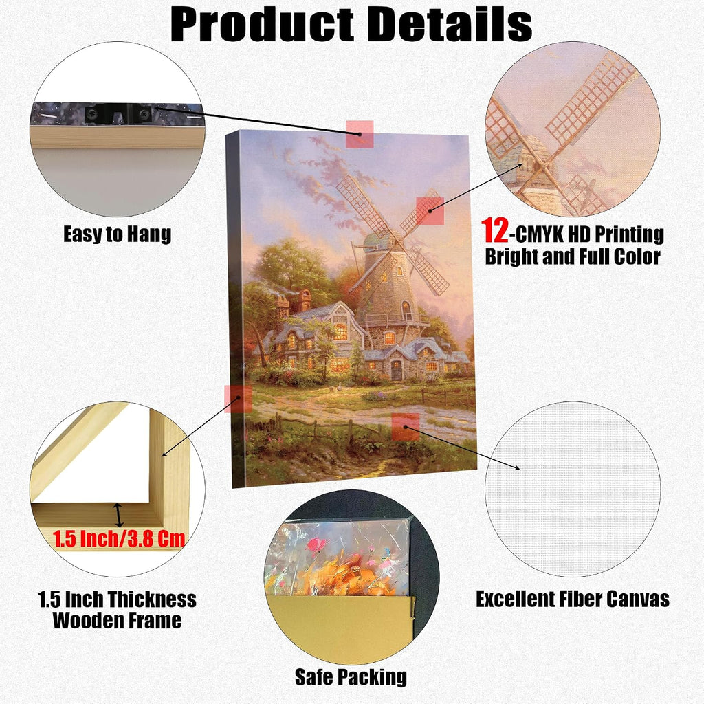 STUDIO HAVEN Thomas Kinkade Canvas Wall Art, Autumn Evening Flower Garden Cozy Glow and Wooden Bench Oil Painting Poster Rustic Landscape Wall Decor, Framed Prints for Home Decor, 48x32Inch