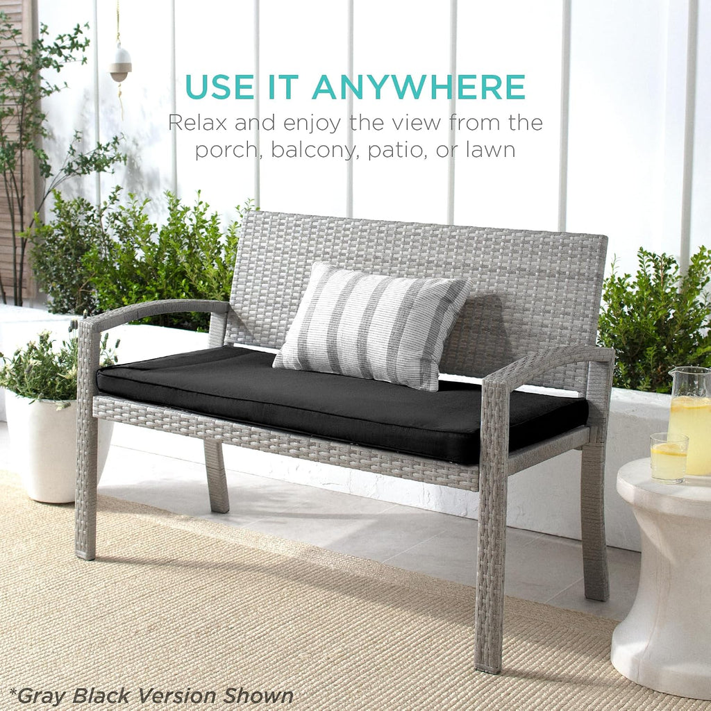 Best Choice Products Outdoor Bench 2-Person Wicker Garden Patio Benches Seating Furniture for Backyard, Porch w/Seat Cushion, 700lb Capacity - Navy/Brown