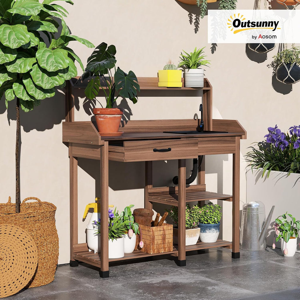 Outsunny Potting Bench Table, Outdoor Garden Table Wooden Work Station with Removable Sink, Faucet, Drawer, Shelves, Hooks, Dark Brown