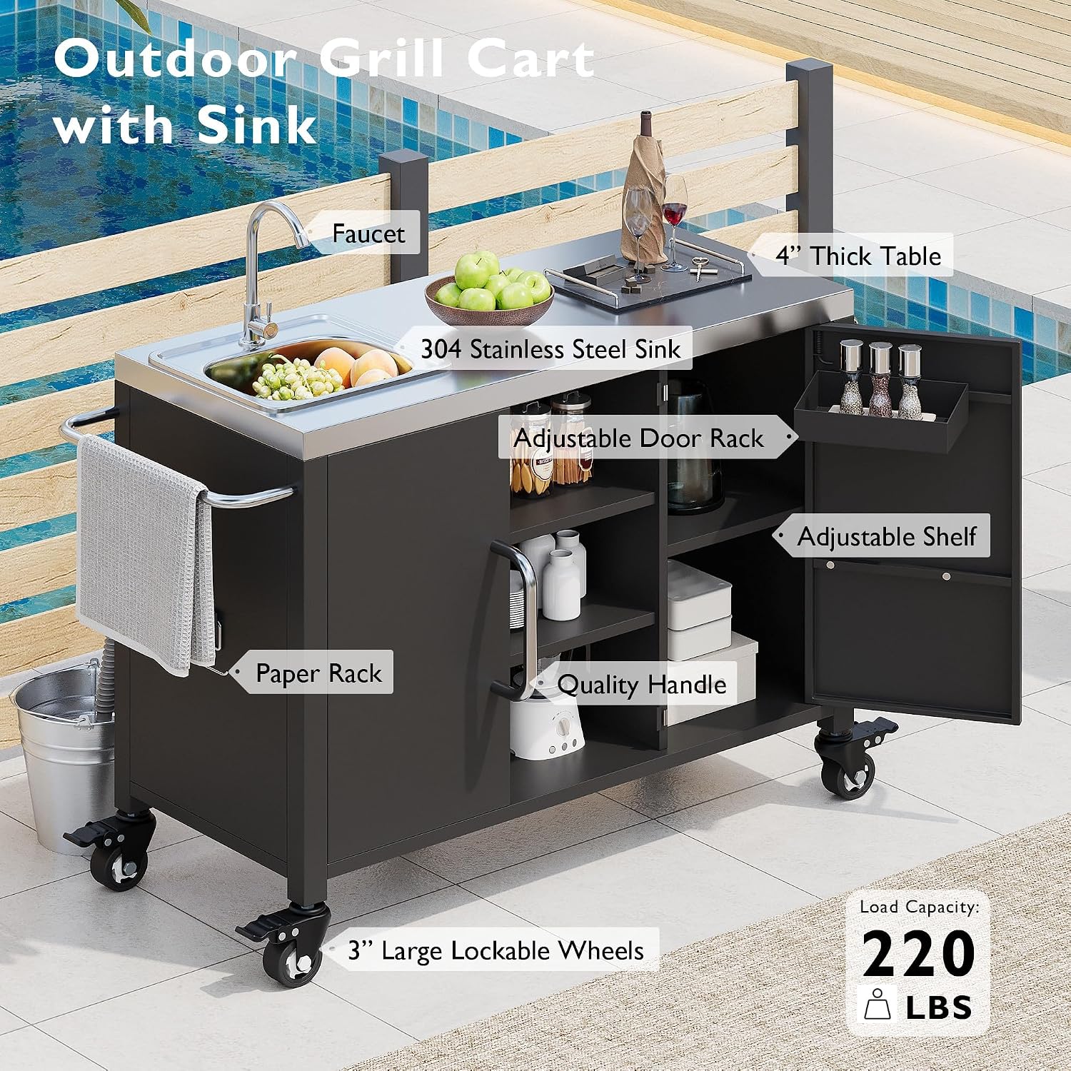 Outdoor Kitchen Island with Sink - 304 Stainless Steel Grill Cart, Locking Wheels, Spice Rack & Storage Cabinets | All-Weather Design for BBQ Prep, Patio, Poolside (Outdoor Island Cart with Sink)