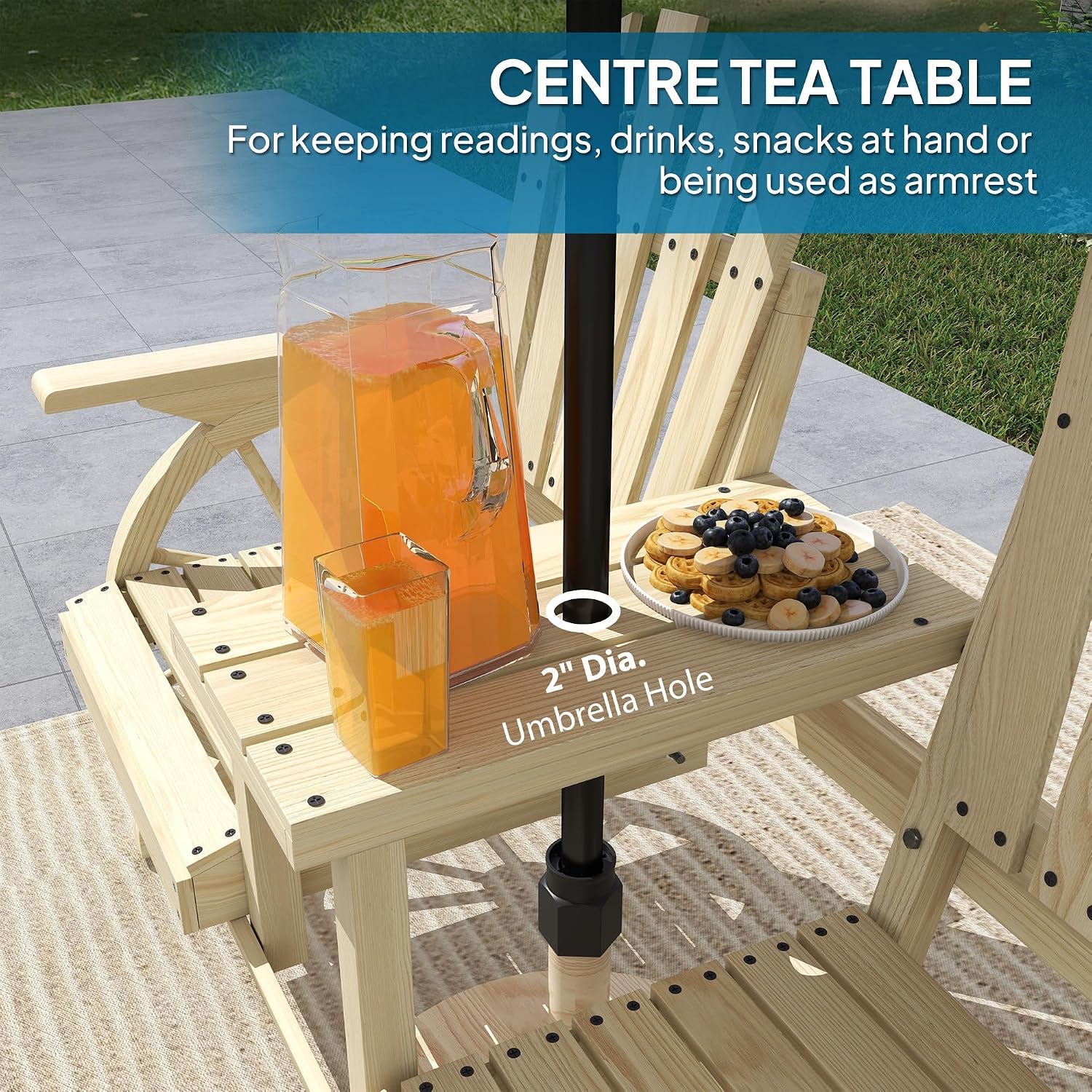 Outsunny Wooden Garden Bench with Table, Umbrella Hole, 2-Seater Wagon Wheel Outdoor Bench with Slatted Seat, High Backrest, Armrests for Backyard, Patio, Garden, Natural Wood