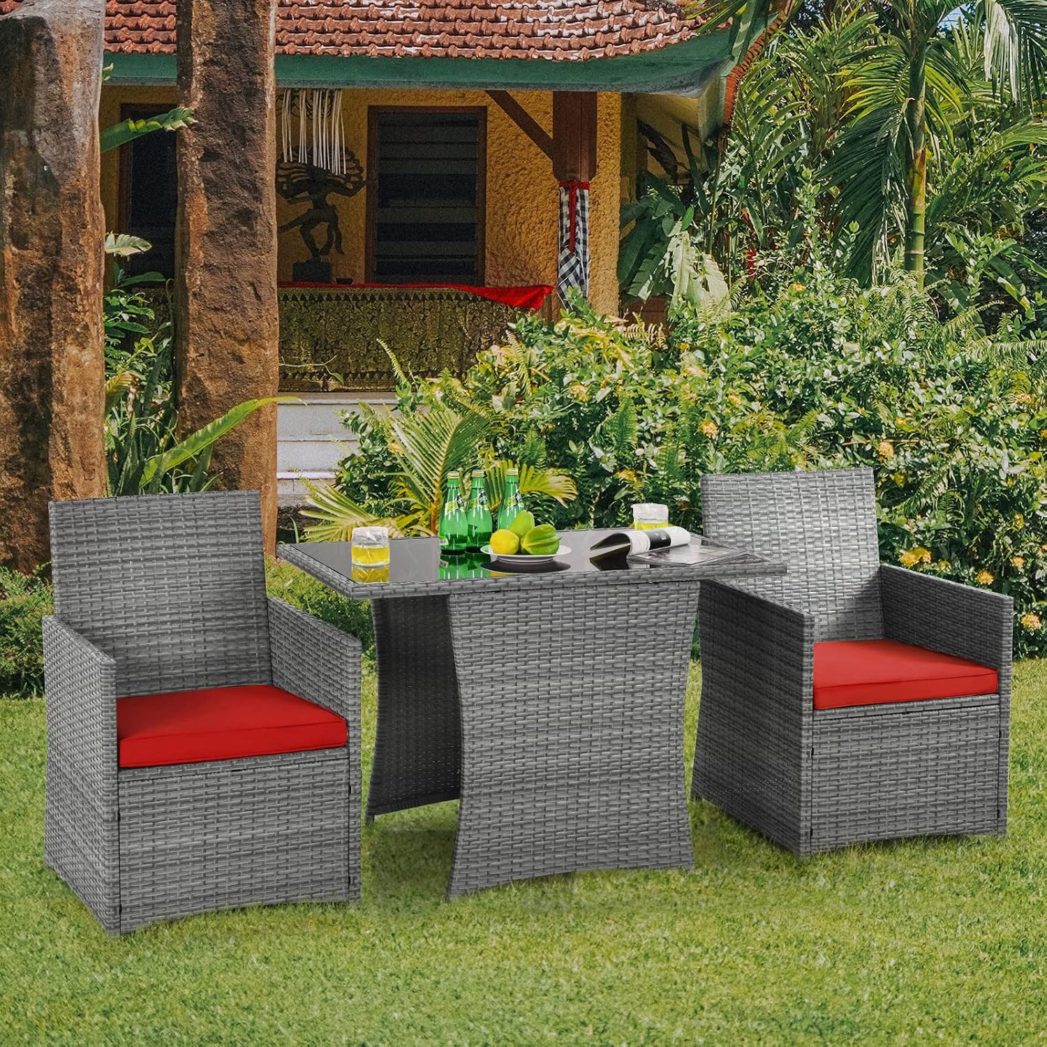 HAPPYGRILL 3 Piece Patio Furniture Set, Outdoor PE Rattan Wicker Bistro Set with Washable Cushions & Tempered Glass Table, for Backyard Porch Garden Balcony Poolside