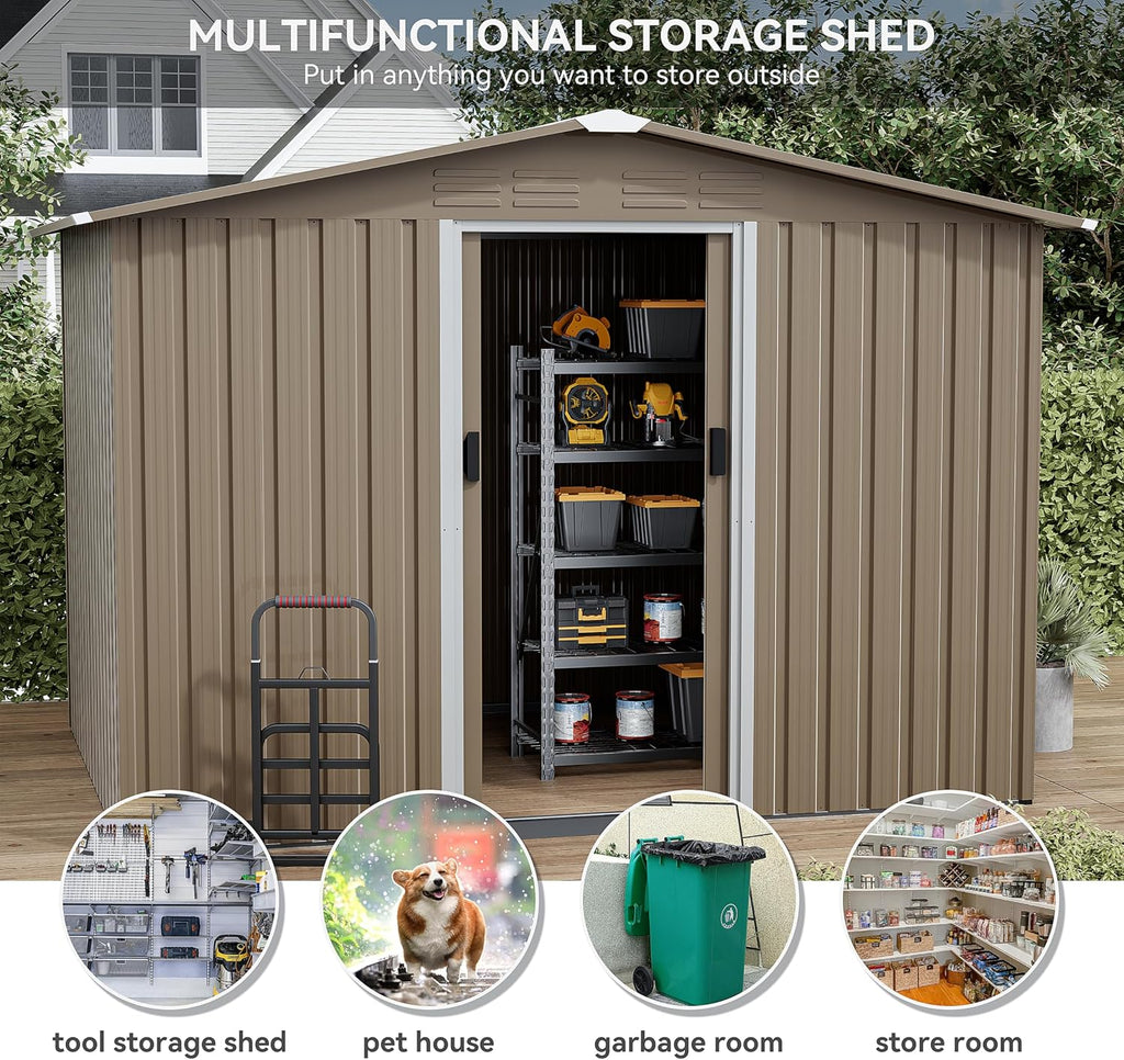 Kurapika 8 x 6FT Outdoor Storage Shed Waterproof, Large Garden Tool House with Air Vents and Lockable Sliding Door, Metal Shed for Garden, Patio, Backyard, Lawn