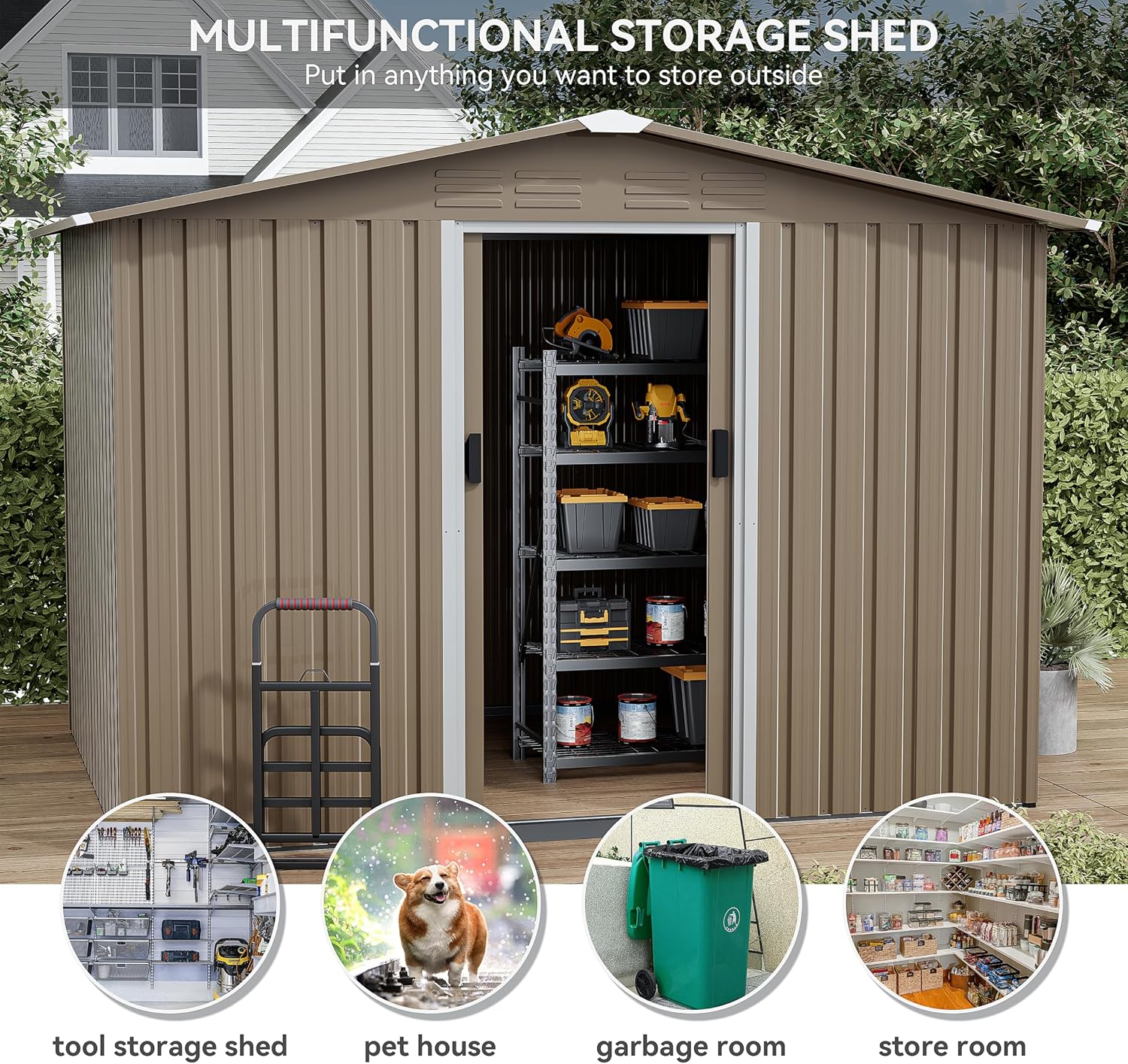 Kurapika 8 x 6FT Outdoor Storage Shed Waterproof, Large Garden Tool House with Air Vents and Lockable Sliding Door, Metal Shed for Garden, Patio, Backyard, Lawn