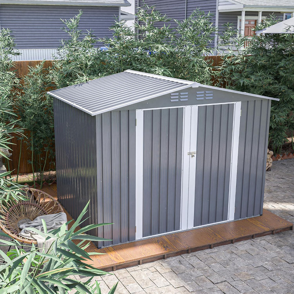 10x8 ft Outdoor Storage shed All Weather Metal Garden shed with Lockable Double Doors Tool Storage for Backyard Patio Lawn and Garden Organization Large Capacity (8x6 ft Grey with Floor Frame)