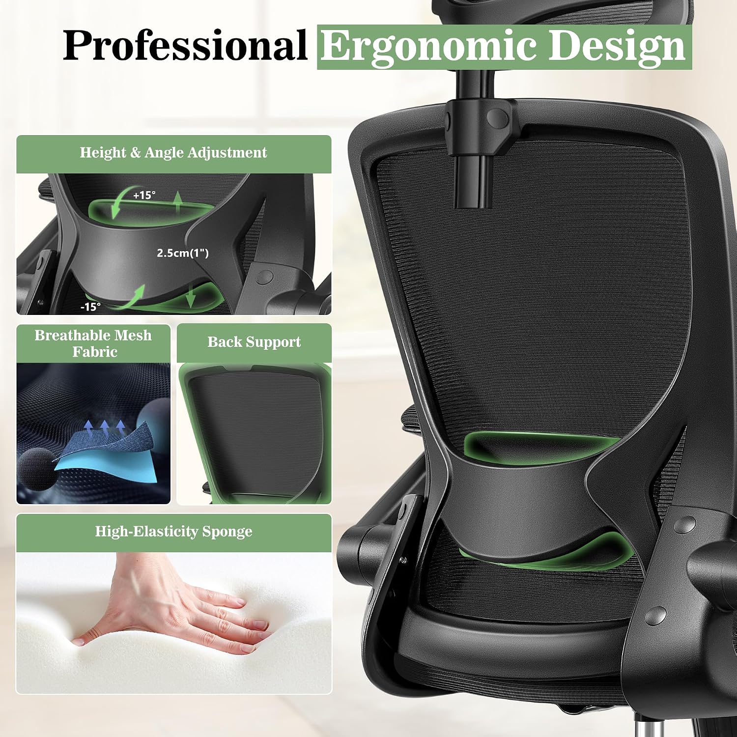 BESTFAIR Office Chair Ergonomic Desk Chair, Breathable Mesh Office Chairs with Adjustable Lumbar Support, Flip-Up Arms, Computer Desk Chair Comfy for Home Office, 2 Pack