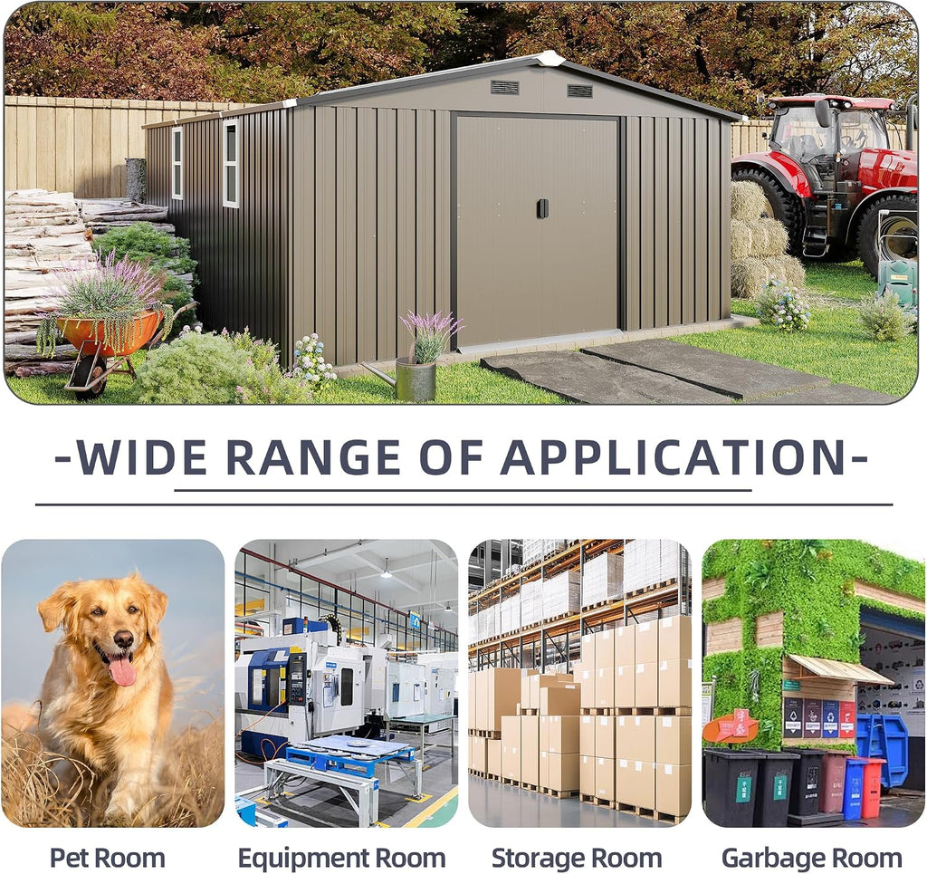 KEIKI 10x12 FT Metal Garden Storage Shed with Foundation Kit, Double Door Outdoor Tool Shed with 2 Windows, Color Steel Construction, Tool Shed for Lawn Equipment, Bikes, Trash Cans, Brown