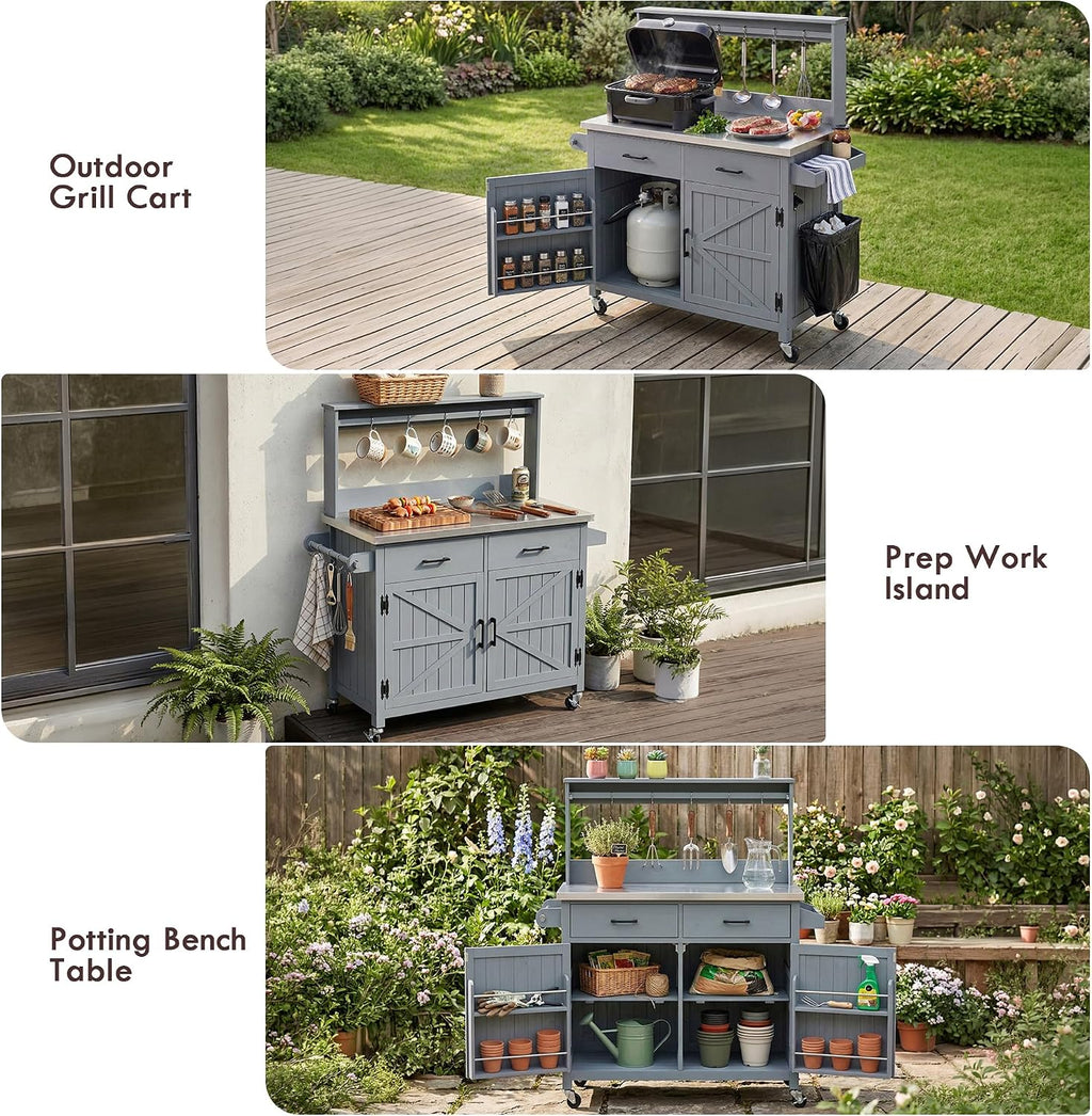 LUMISOL Grill Cart with Stainless Steel Top & High Shelf, Outdoor Solid Wood Kitchen Island with Lockable Wheels, Large Potting Bench Table with Storage Cabinet & Towel Rack, Grey+Blue