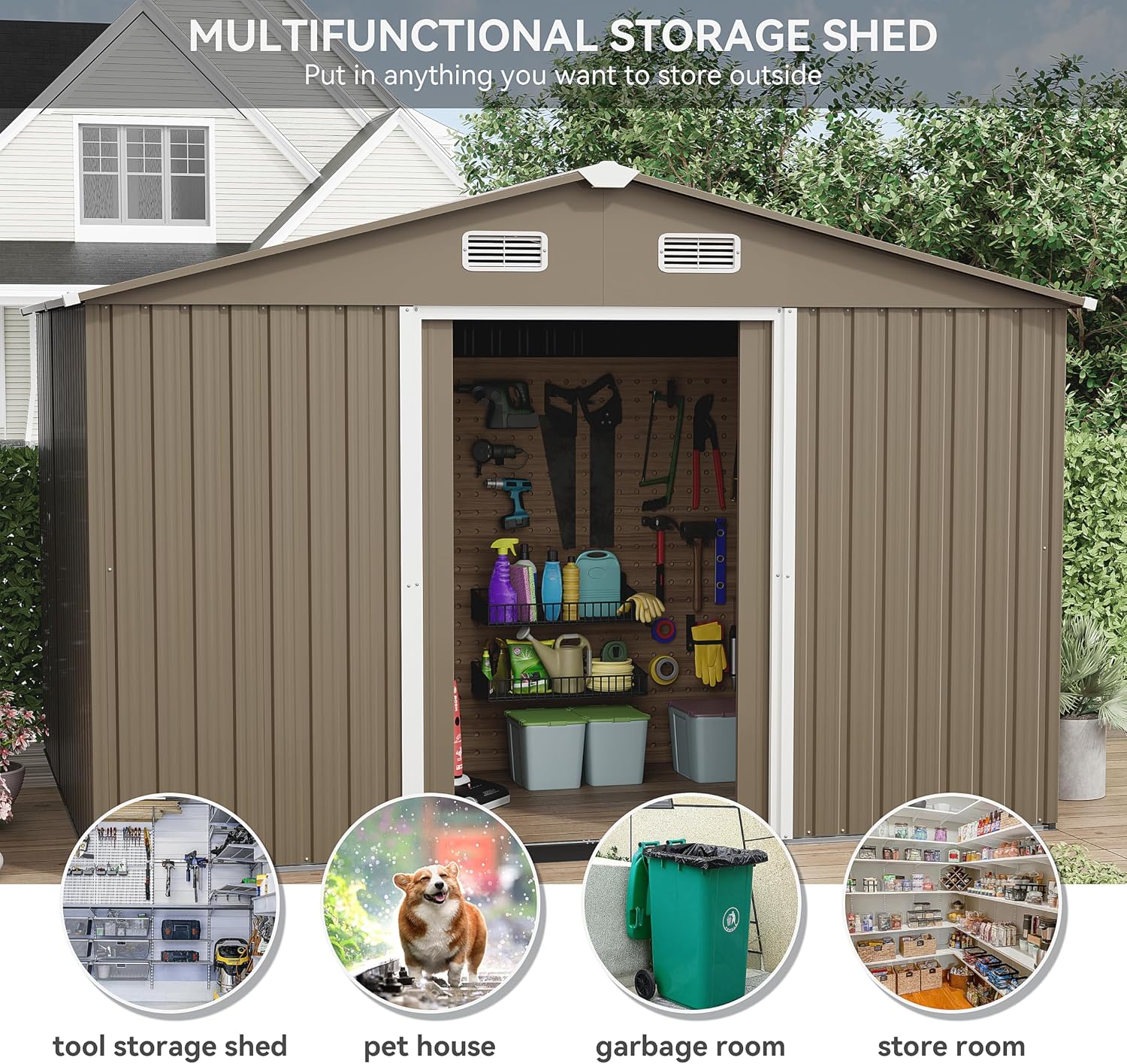 Kurapika 10 x 8FT Outdoor Storage Shed Waterproof, Large Garden Tool House with Air Vents and Lockable Sliding Door, Metal Shed for Garden, Patio, Backyard, Lawn
