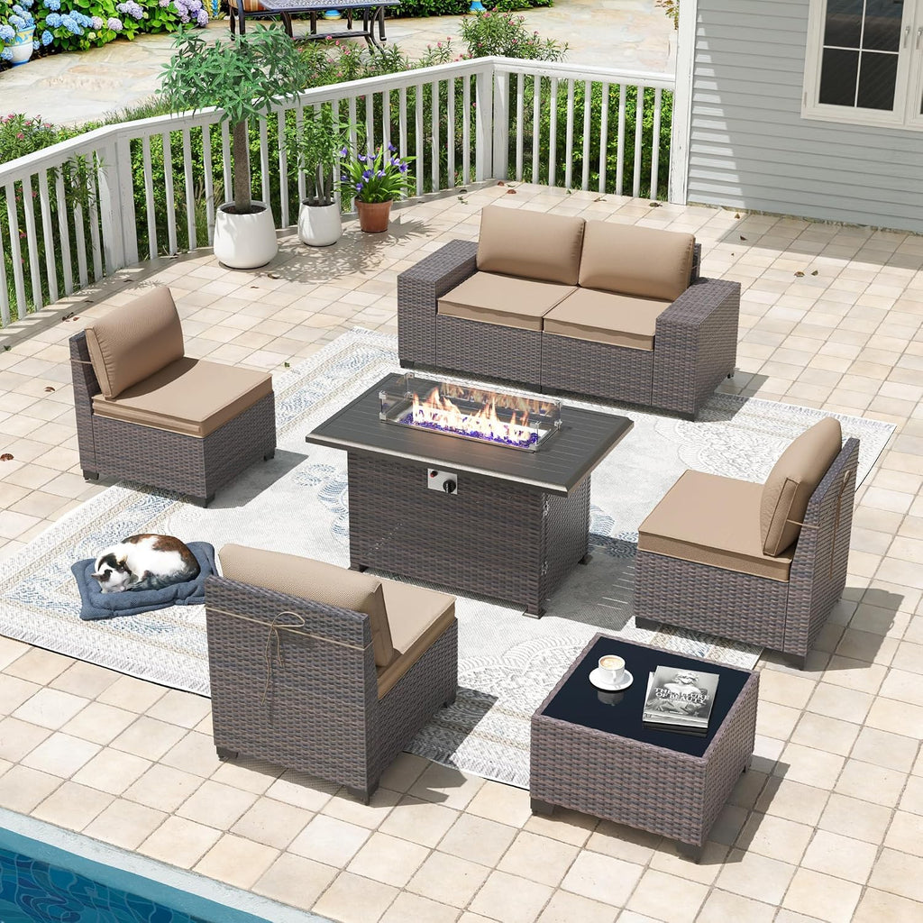 7 Pieces Outdoor Patio Furniture Set with 43'/55000BTU Gas Fire Pit Table,PE Rattan Wicker Outdoor Conversation Sofa Set Non-Slip Cushions Waterproof Covers for Backyard,Poolside,Garden,Sand