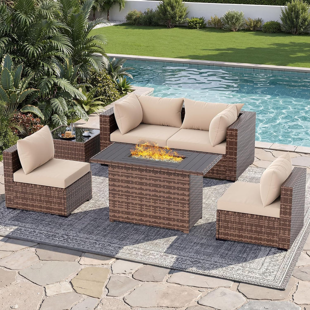 UDPATIO Patio Furniture Set with Fire Pit Table, 5 Piece Outdoor Sectional Sofas, All-Weather Wicker Conversation for Garden, Backyard, Khaki