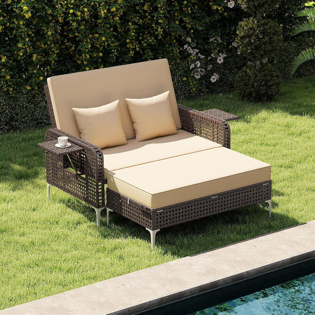 Tangkula Patio Rattan Daybed with 4-Level Adjustable Backrest, Boho Outdoor Wicker Loveseat & Storage Ottoman with Cushion, 2-Person Sun Lounger with Folding Tables for Poolside, Backyard & Garden