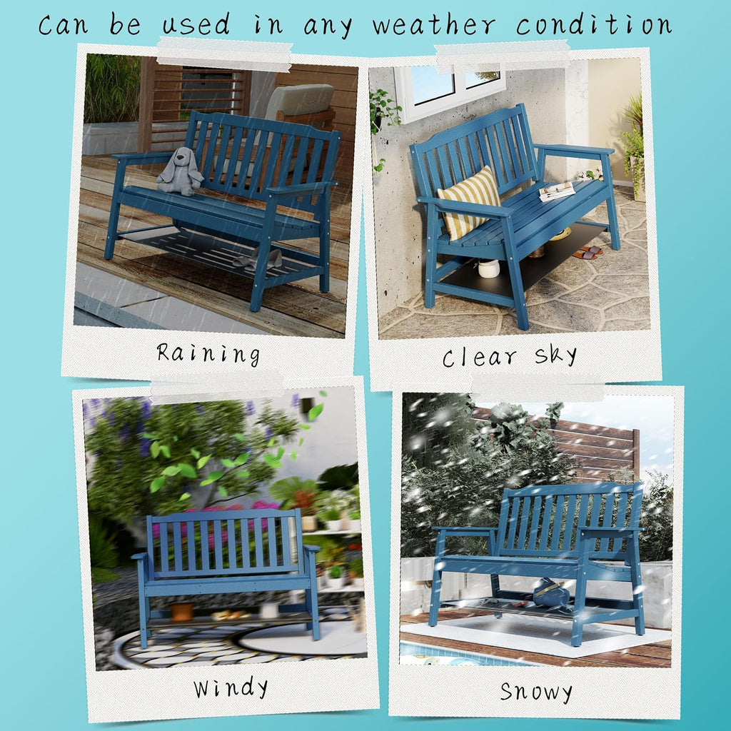 Anbuy Outdoor Bench Weatherproof, 2-Person Adjustable Height Patio Bench with 660lbs Weight Capacity, Garden Potting Bench Never Rot and Fade, Comfort for Porch, Patio, Backyard and Park (Blue)