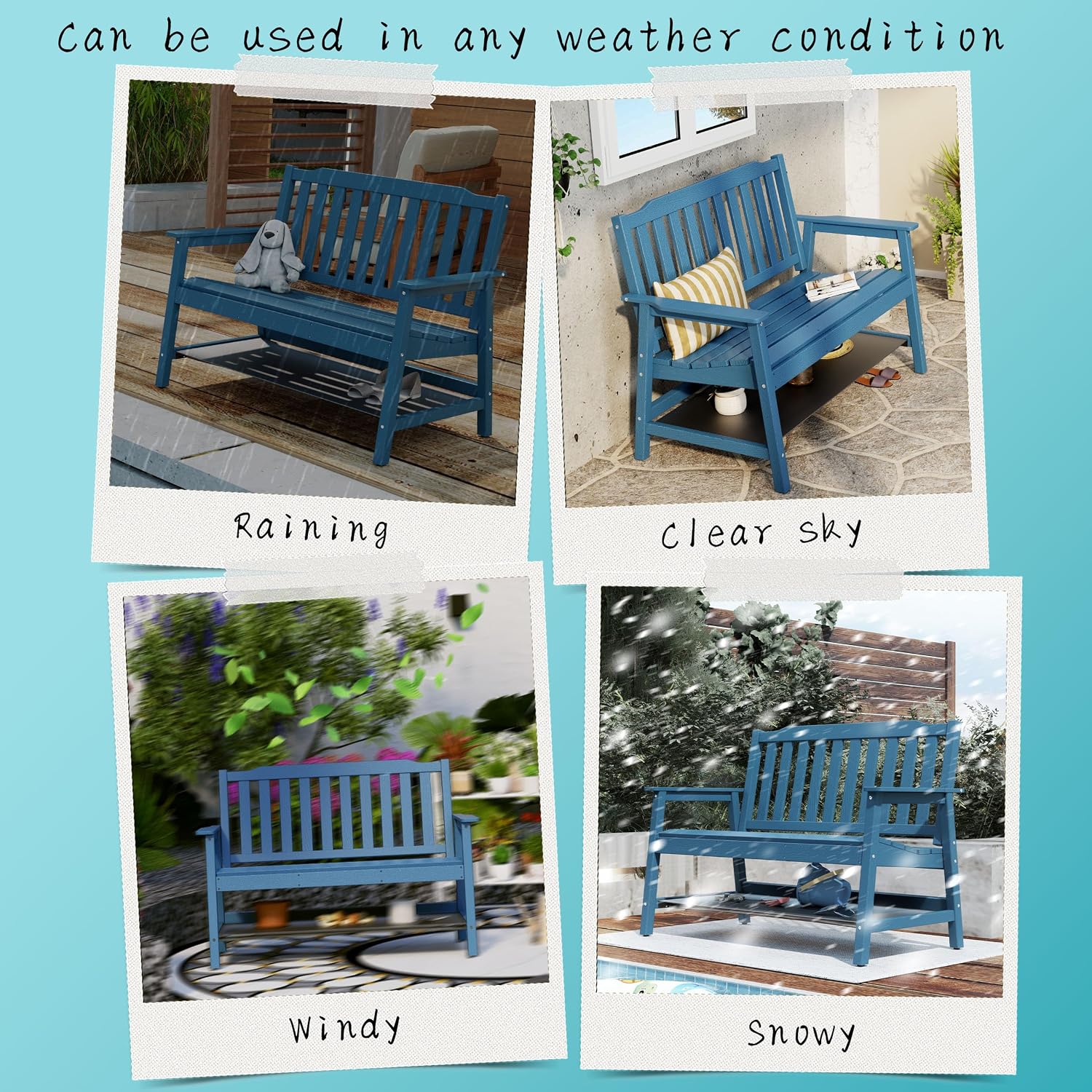 Anbuy Outdoor Bench Weatherproof, 2-Person Adjustable Height Patio Bench with 660lbs Weight Capacity, Garden Potting Bench Never Rot and Fade, Comfort for Porch, Patio, Backyard and Park (Blue)