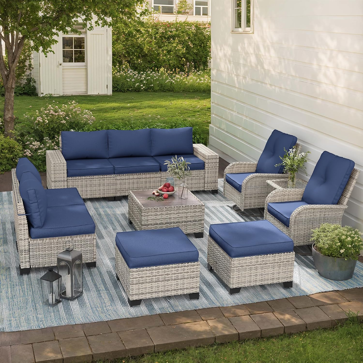 11-Piece Outdoor Patio Furniture Set with Rocking Swivel Chair Wicker Sectional Sofa Set, Patio Conversation Set with Ottomans & Coffee Table for Garden, Backyard, Poolside, Navy Blue
