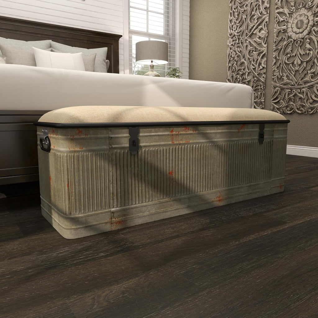 Deco 79 Metal Room Storage Bench Galvanized Entryway Bench with Cream Burlap Top, Bench 50' x 16' x 18', Gray