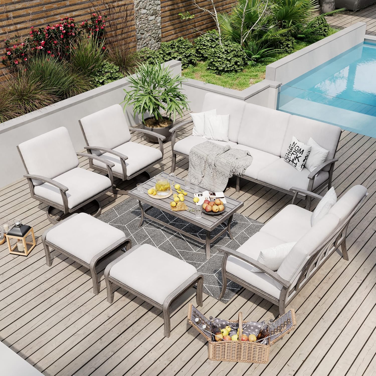 HAPPATIO 7 Piece Aluminum Patio Furniture Set, 3-Seat Outdoor Loveseat, Outdoor Sectional Sofa with Ottomans and Coffee Table, Garden Conversation Set with Swivel Armchairs for Lawn (Gray)