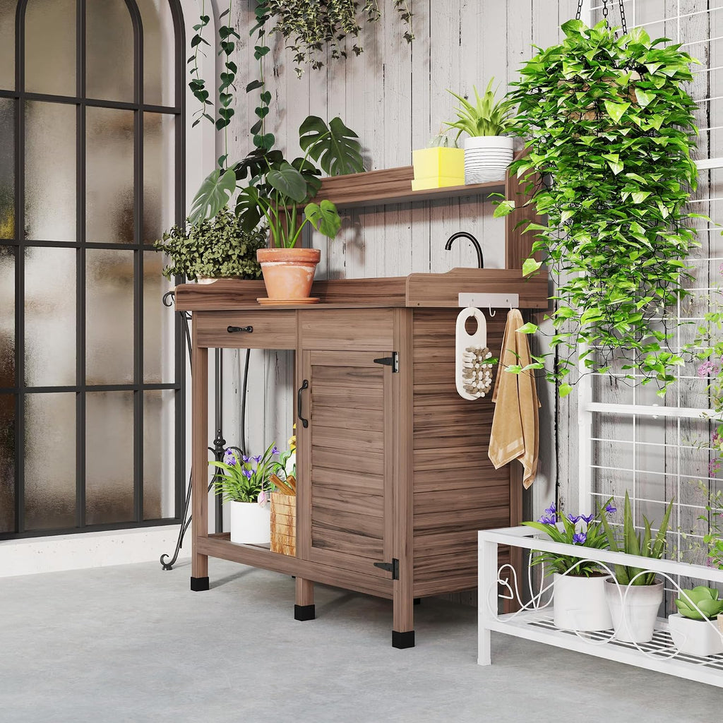Outsunny Potting Bench Table with Removable Sink, Outdoor Work Bench Table with Storage Cabinet, Hooks, Faucet and Drawer for Greenhouse, Garden, Patio, Dark Brown