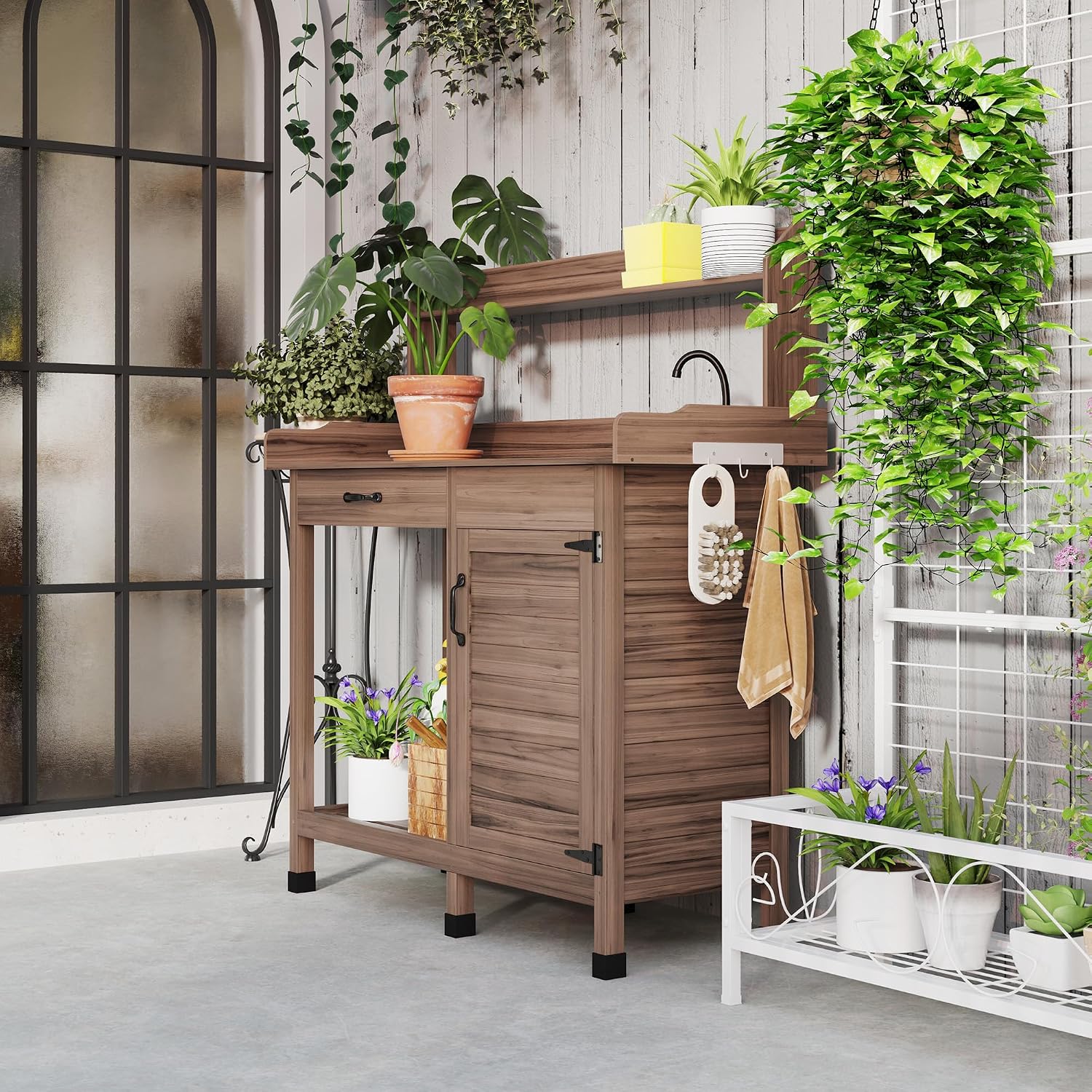 Outsunny Potting Bench Table with Removable Sink, Outdoor Work Bench Table with Storage Cabinet, Hooks, Faucet and Drawer for Greenhouse, Garden, Patio, Dark Brown