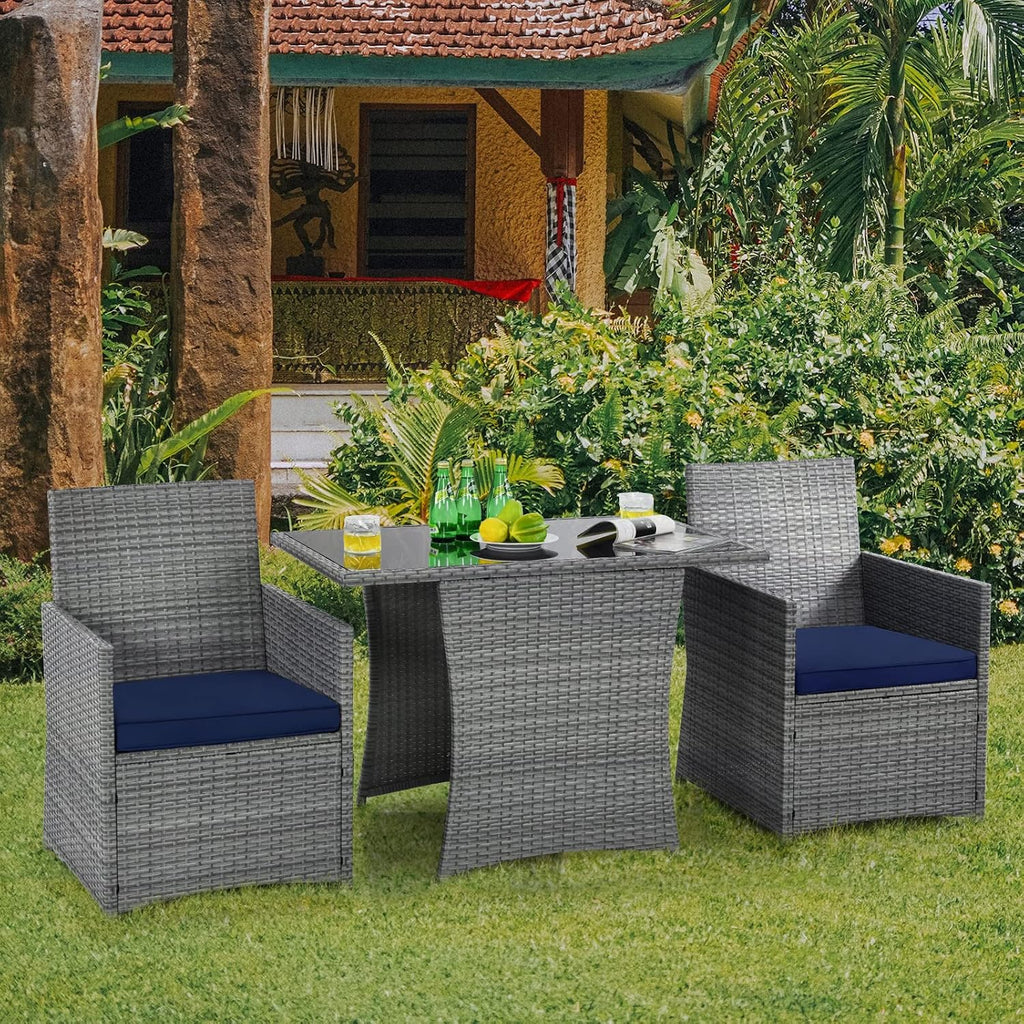 HAPPYGRILL 3 Piece Patio Furniture Set, Outdoor PE Rattan Wicker Bistro Set with Washable Cushions & Tempered Glass Table, for Backyard Porch Garden Balcony Poolside