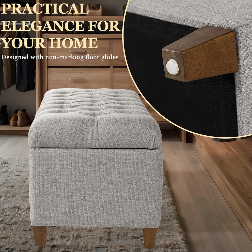Homepop Home Decor Tufted Ainsley Button Storage Ottoman Bench with Hinged Lid Ottoman Bench with Storage for Living Room & Bedroom, Gray Fabric