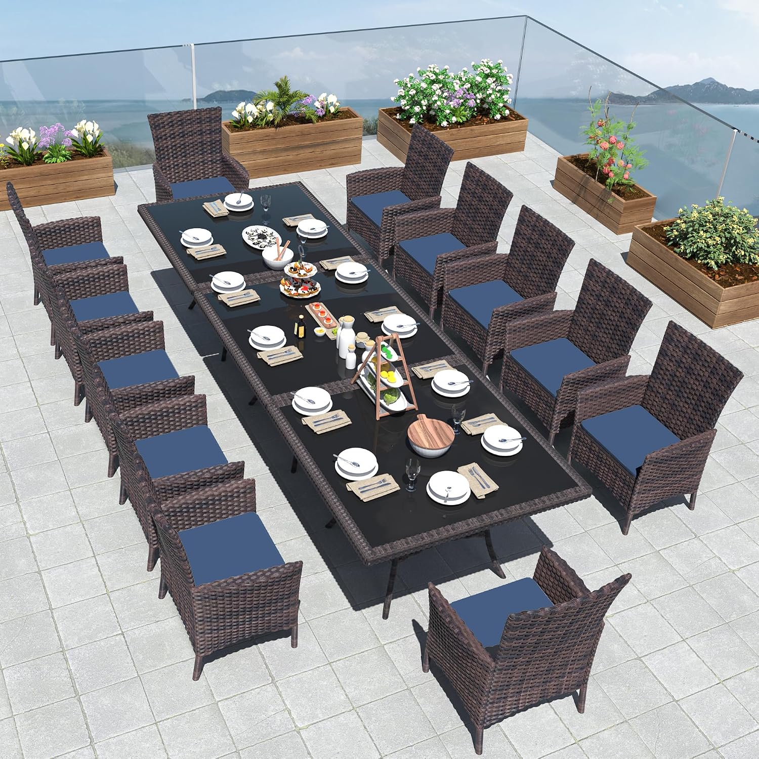 Kurapika 15-Piece Patio Furniture Outdoor Dining Set, Wicker Rattan Patio Dining Table and Chairs Set, Square Tempered Glass Tabletop with Umbrella Hole and 12 Chair Set, Navy Blue