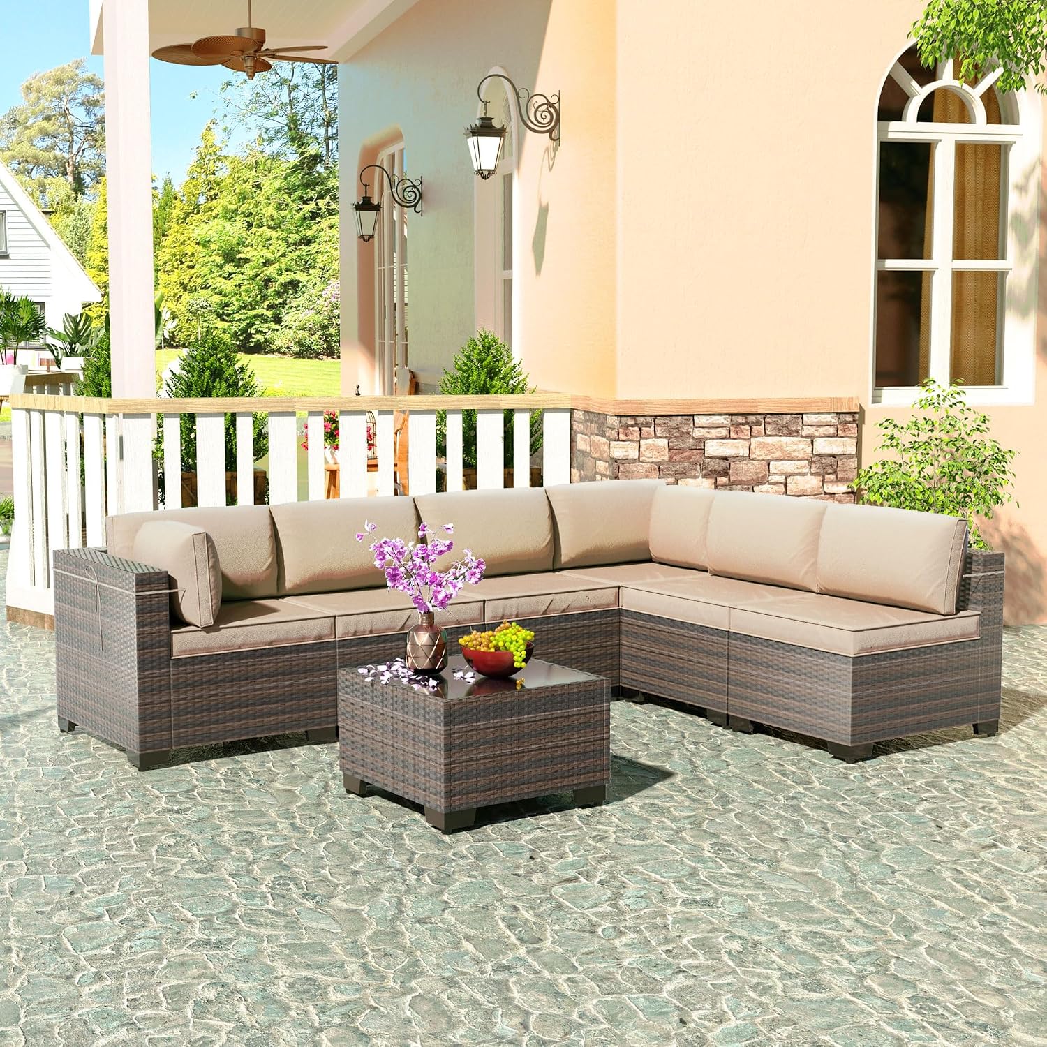 7 Pieces Outdoor Patio Furniture Sets,Wicker Conversation Set Sectional Sofa,Includes 6 All-Weather High Back PE Rattan Seating Components w/Thickened Cushions&Coffee Table,Sand
