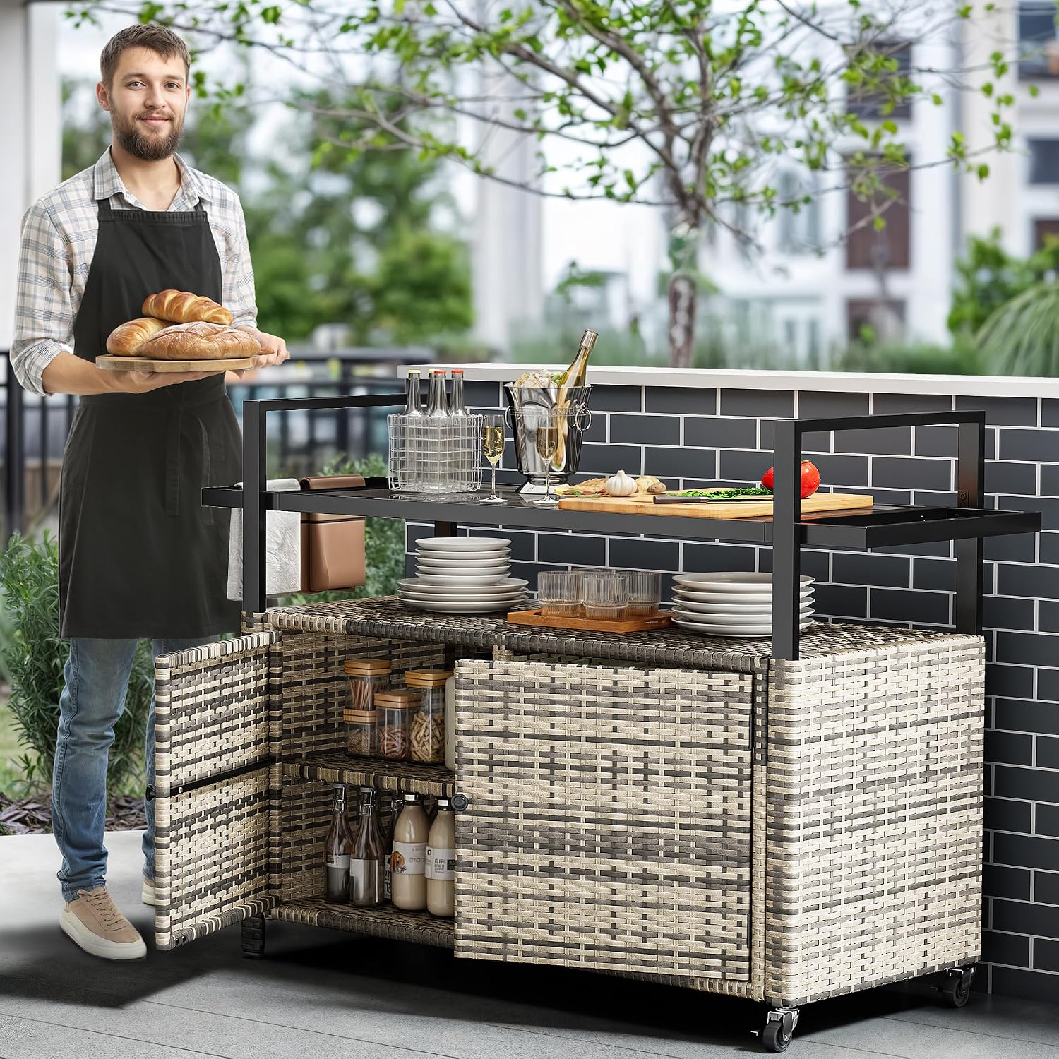YITAHOME XL Outdoor Storage Cabinet, Outdoor Storage Cart with Wheels and Black Glass Table Top for Patio, Outdoor Cabinet for Poolside and Backyard (Gray Gradient)
