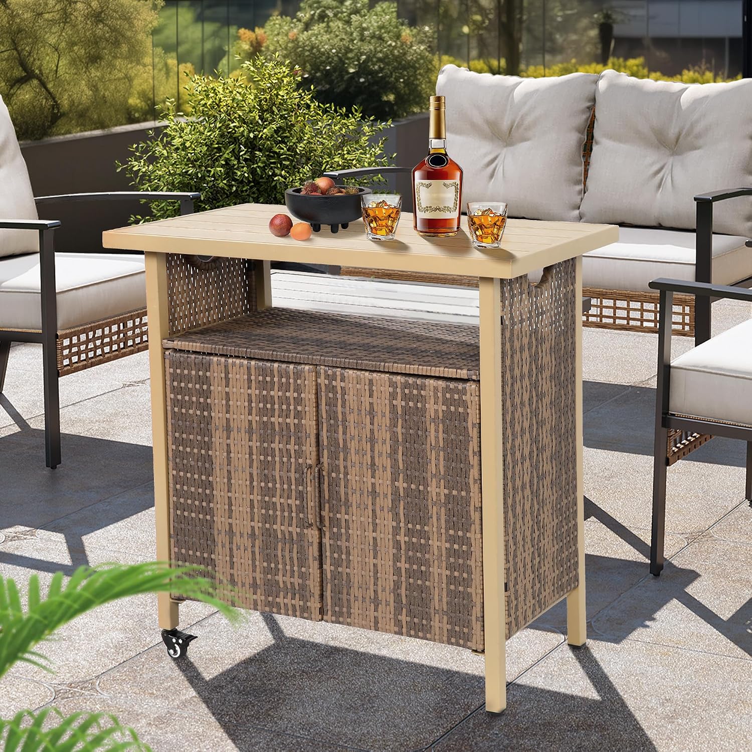 HOMEFUN Outdoor Bar Table with Storage Cabinet Patio Serving Carts on Wheels Wicker Grill Cart Prep Station Rolling Kitchen Island for Outside Backyard and Patio, Brown