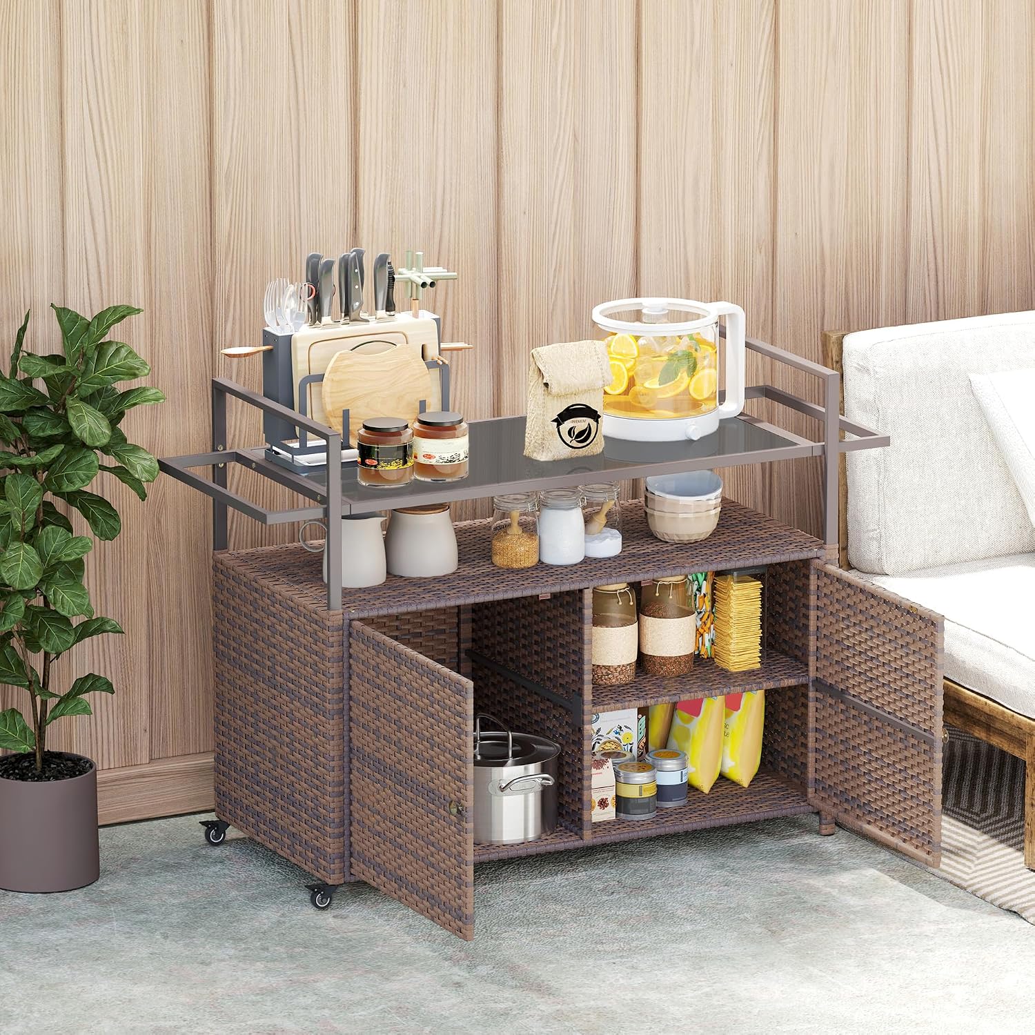 Outsunny PE Rattan Outdoor Storage Cabinet, Wicker Outdoor Bar Table Kitchen Island with Wheels & 2-Tier Shelf, Patio Serving Cart with Glass Top, Handles, Towel Racks for Poolside, Mixed Brown