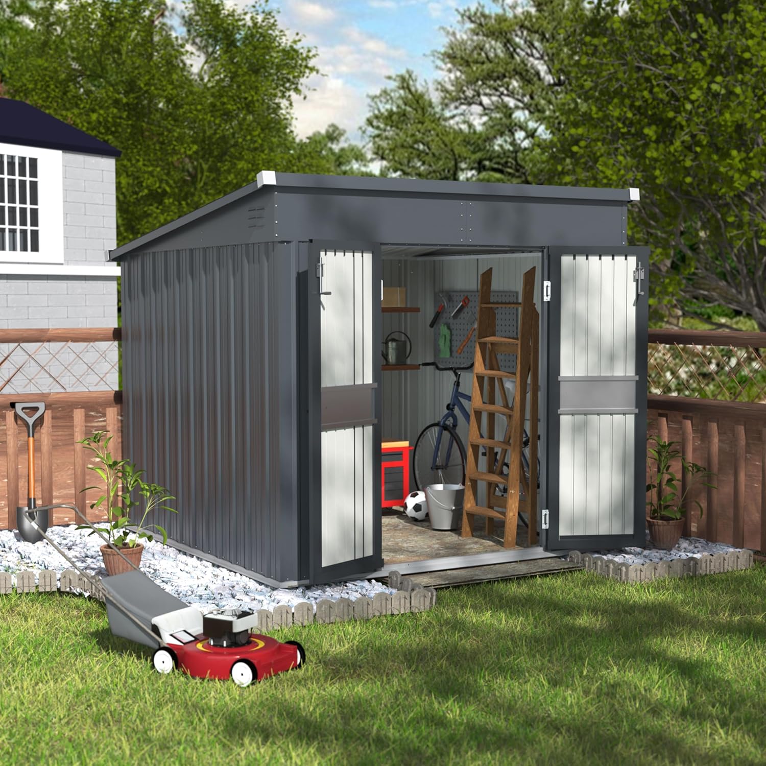 MUPATER 7 x 8 ft Outdoor Storage Shed,Galvanized Metal Shed Storage House with Lockable Door and Vents for Garden,Patio, Backyard, Grey