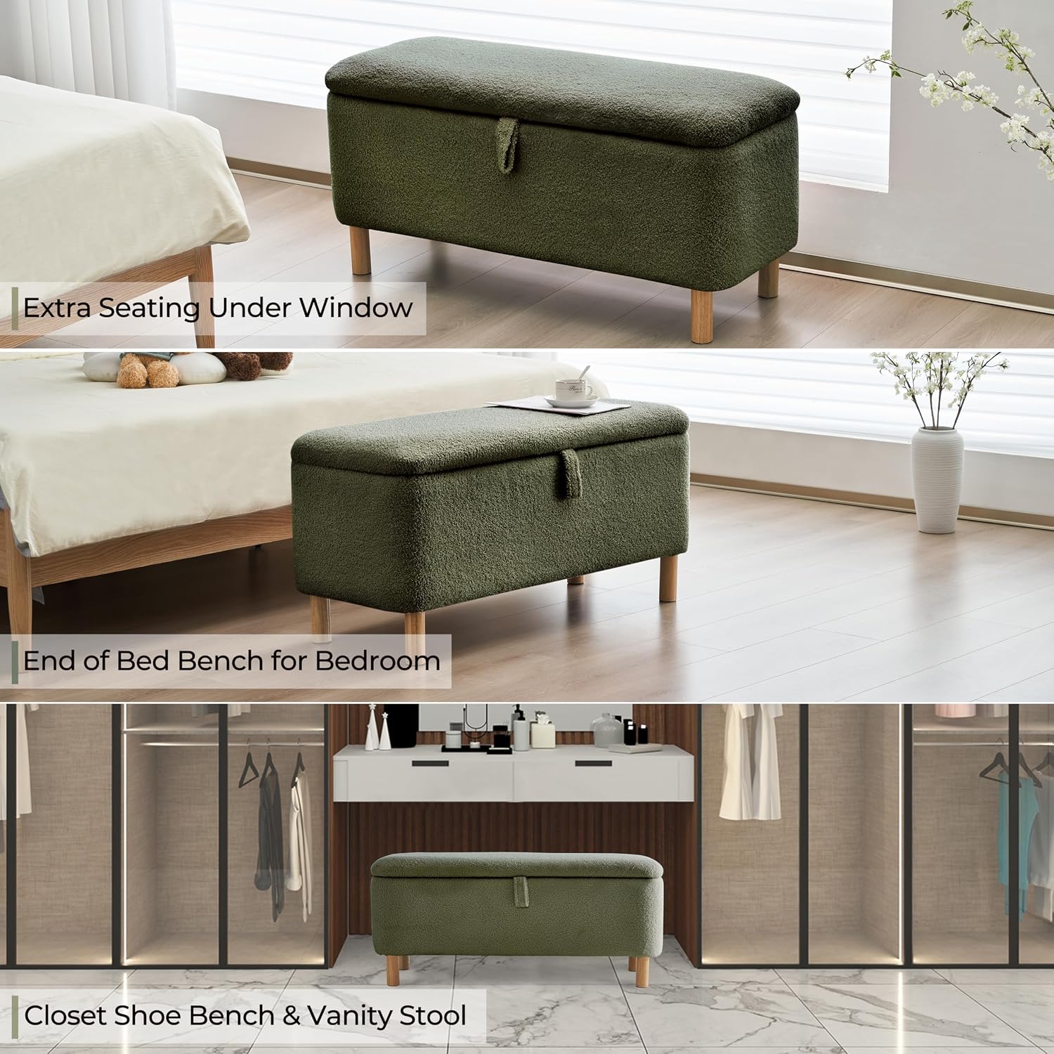Boucle Storage Ottoman Bench for Bedroom end of Bed, Sherpa Upholstered Shoe Seat Storage Bench for Entryway Bed Foot, Rectangle Cushion Padded Blanket Chest Cute for Living Room, Blackish Green