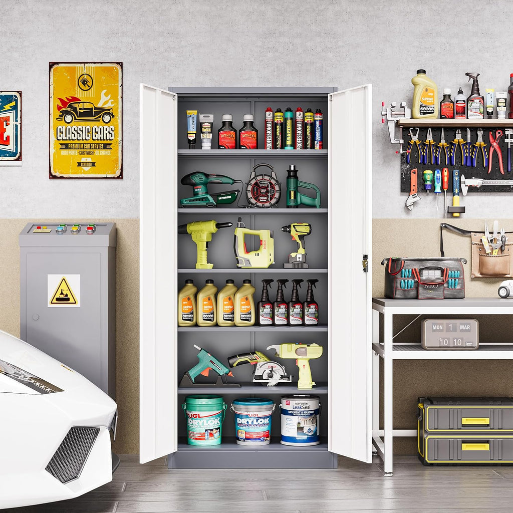 Metal Cabinet,Locking Storage Cabinet with 2 Doors and 5 Adjustbale Shelves,72' Tall Tool Steel Cabinets for Garage,Home Office,School,Gym(Grey & White)