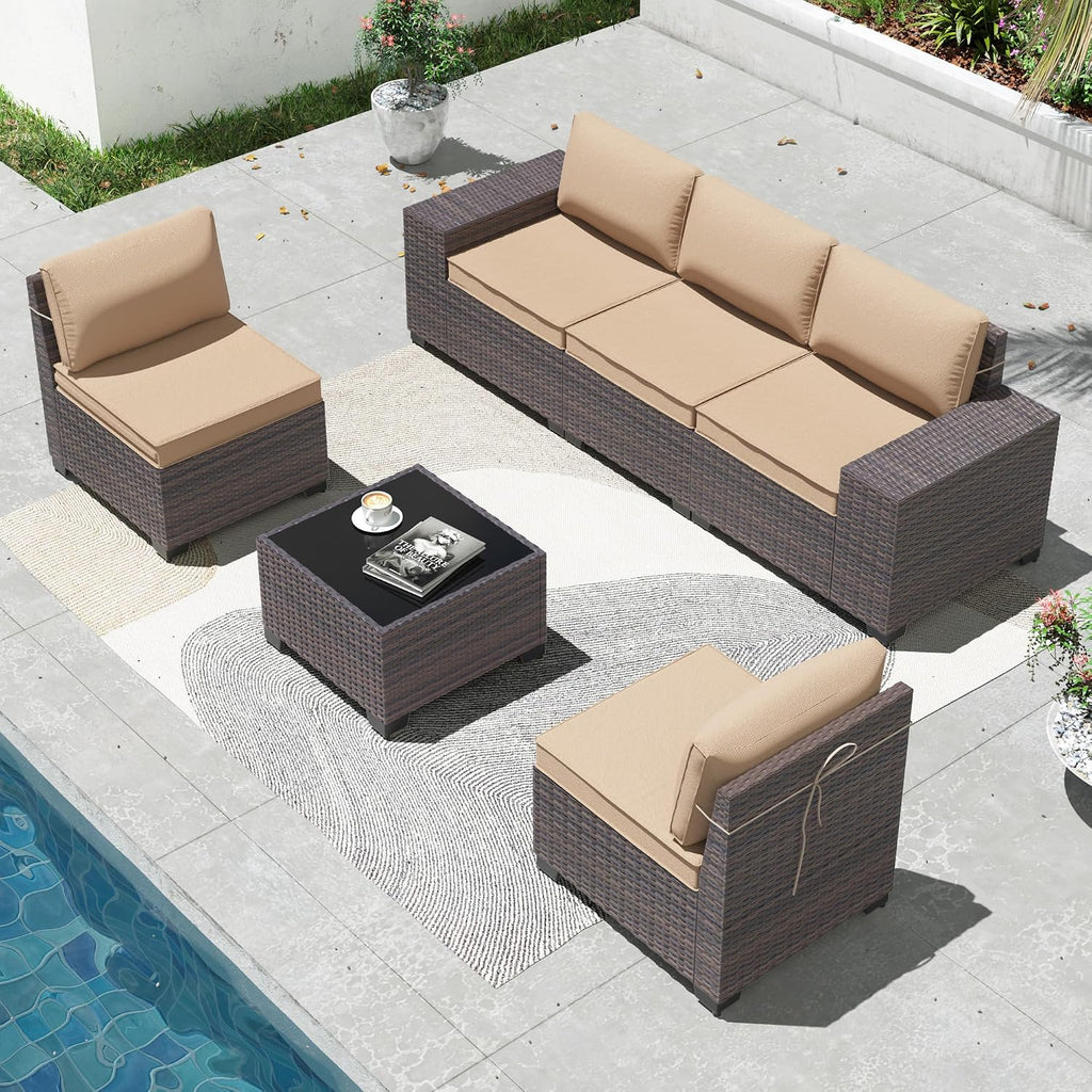 6 Pieces Patio Furniture Sets with Glass Tea Table,PE Rattan Wicker Patio Conversation Set with Washable Cushions,Outdoor Patio Sectional Furniture Set for Backyard, Poolside, Garden,Sand