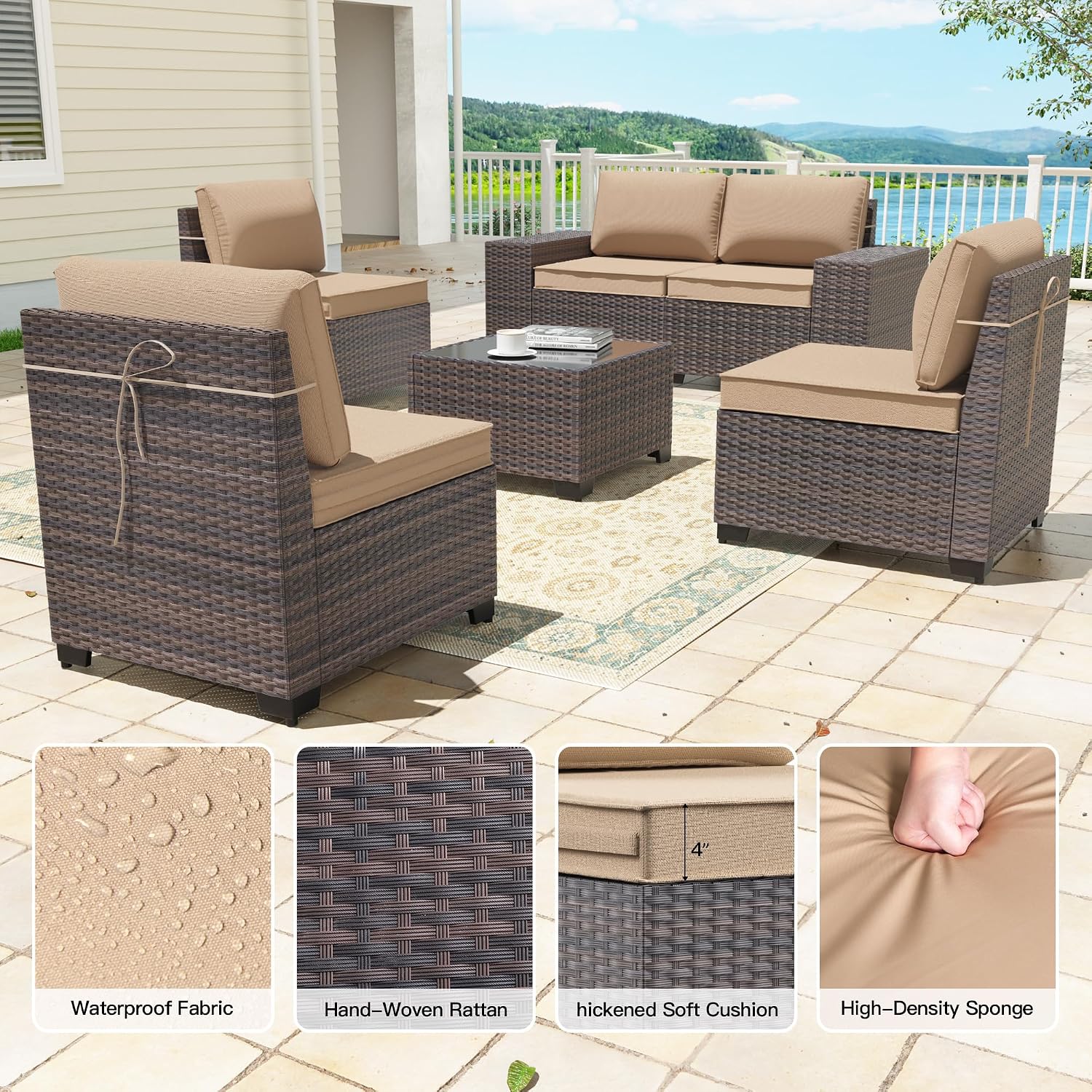 6 Pieces Patio Furniture Sets with Glass Tea Table,PE Rattan Wicker Patio Conversation Set with Washable Cushions,Outdoor Patio Sectional Furniture Set for Backyard, Poolside, Garden,Sand