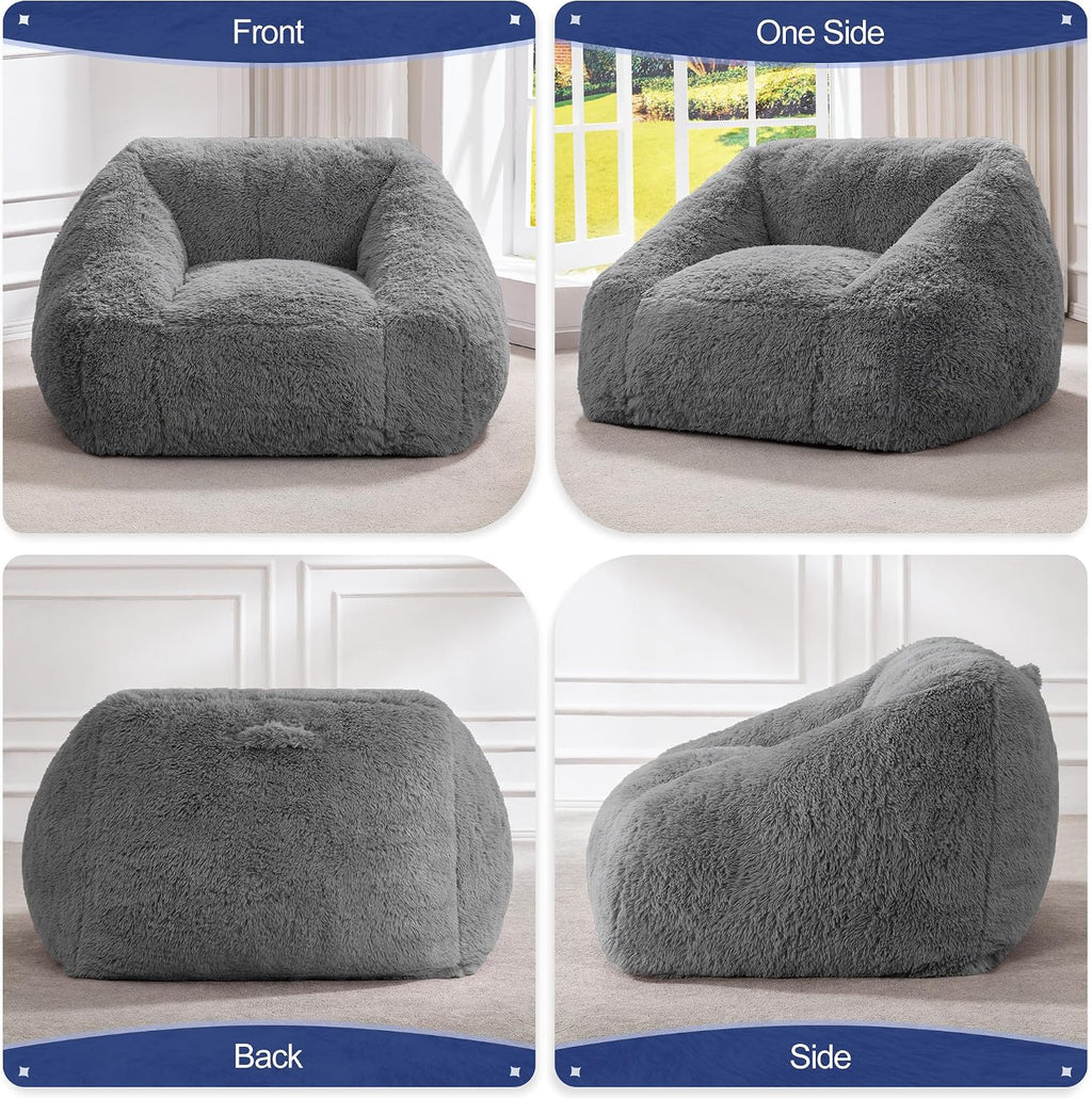 Hobestluk Giant Bean Bag Chair Memory Foam Filled Sofa Chair Bean Bag for Adults/Teens/Kids, Plush Fur Oversized Lazy Sofa for Living Room Bedroom Dorm(Light Grey)