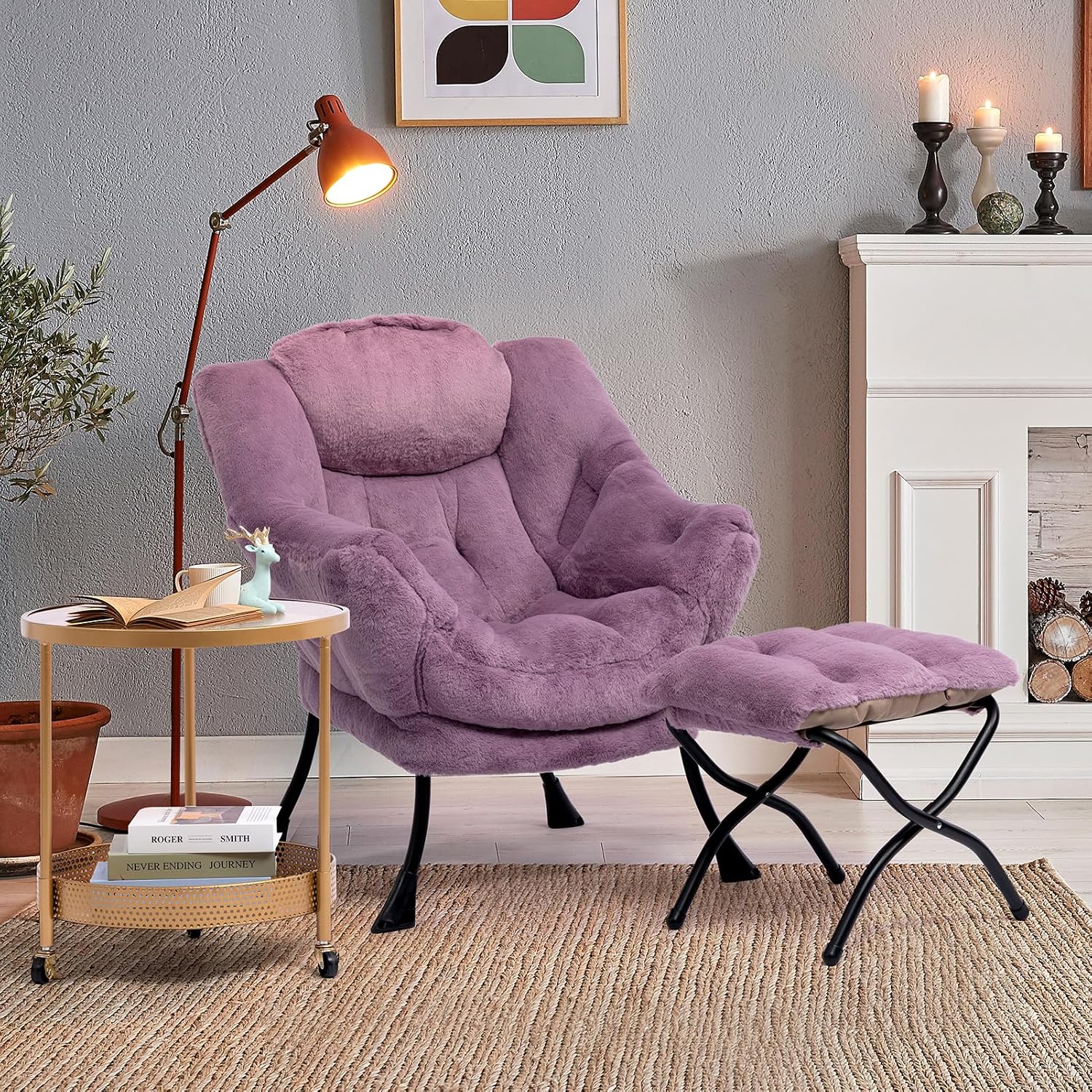 HollyHOME Lazy Chair with Foldable Ottoman, Accent Comfy Lounge Armchair and Folding Footrest Stool, Leisure Sofa Reading Chair and Footstool for Living Room, Bedroom, Dorm,Faux Fur Purple