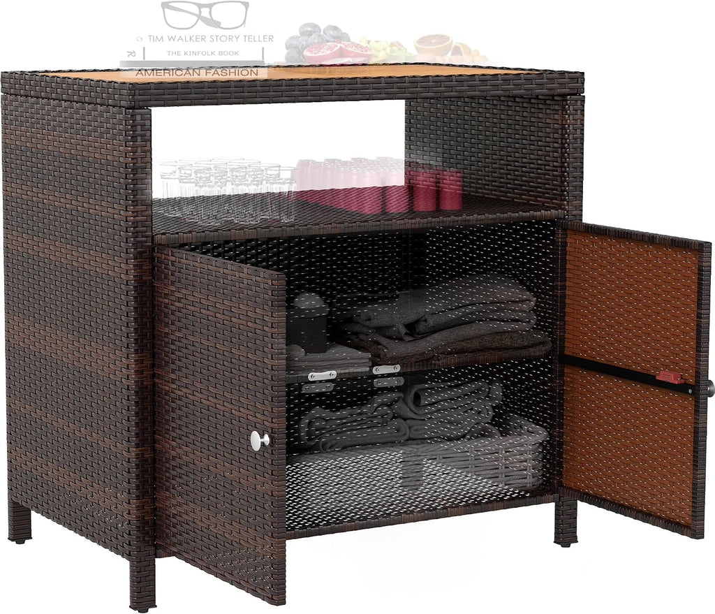 Outsunny Wicker Outdoor Storage Cabinet, Rattan Bar Table with Acacia Wood Countertop, 2 Doors and Shelf, Buffet Cabinet Sideboard for Poolside, Garden, Patio, Backyard, Brown