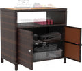 Outsunny Wicker Outdoor Storage Cabinet, Rattan Bar Table with Acacia Wood Countertop, 2 Doors and Shelf, Buffet Cabinet Sideboard for Poolside, Garden, Patio, Backyard, Brown