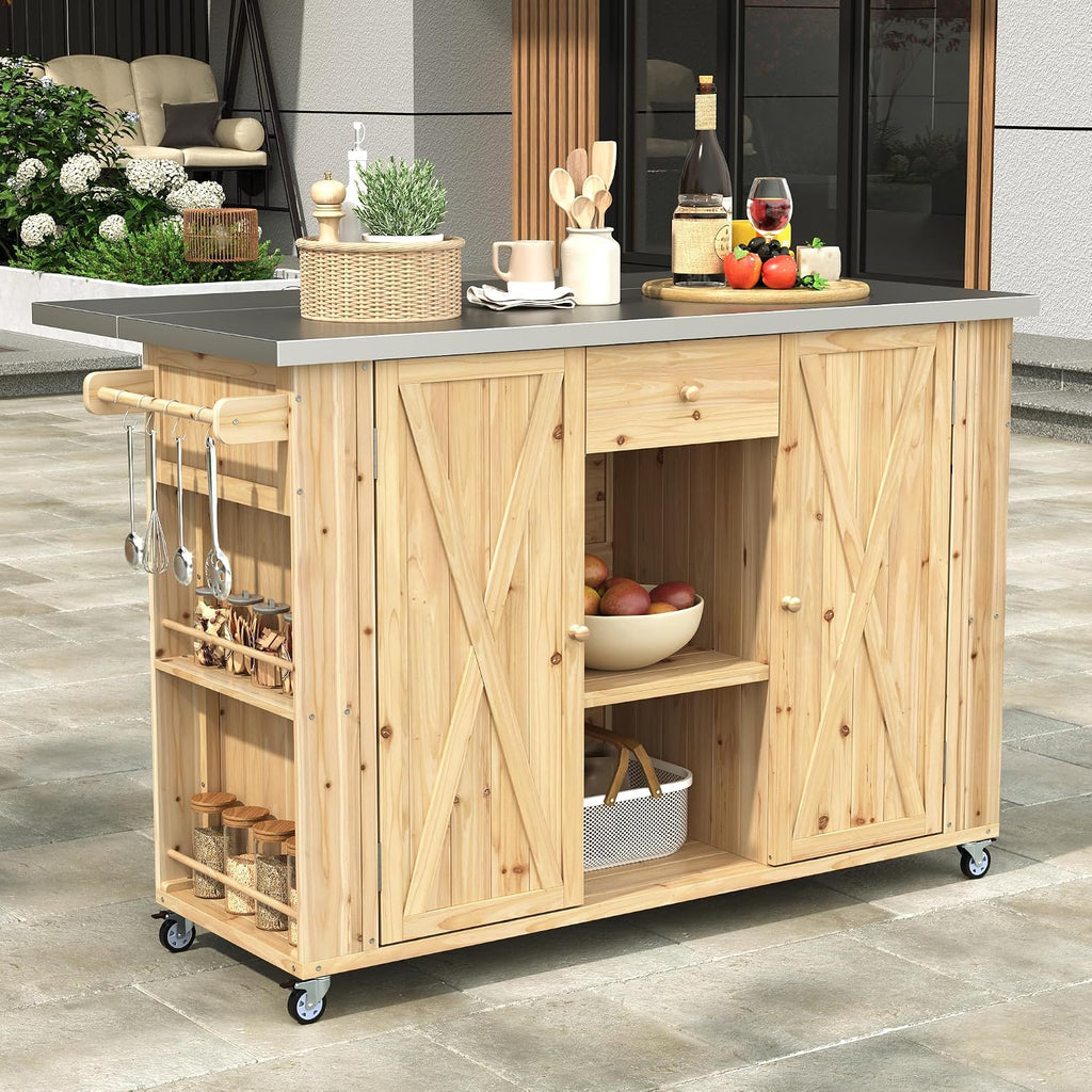 Merax XL Outdoor Table with Stainless Steel Top for Kitchen Prep and Storage Cabinet for Grilling Accessories, Outdoor Kitchen Island Grill Cart with Towel and Spice Racks & a Bottle Opener, Natural
